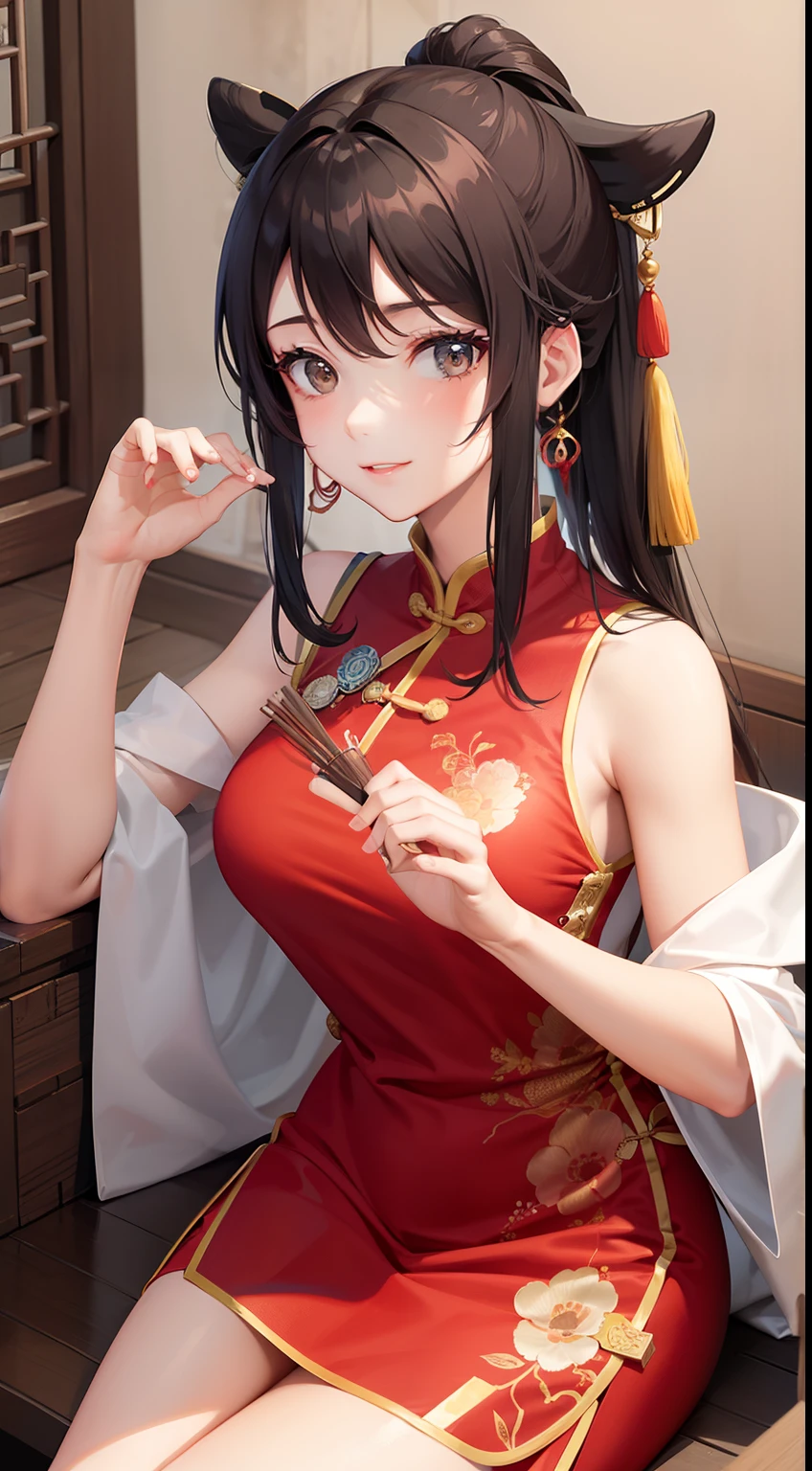 Anime girl in a red dress with a cat ears and a red dress - SeaArt AI