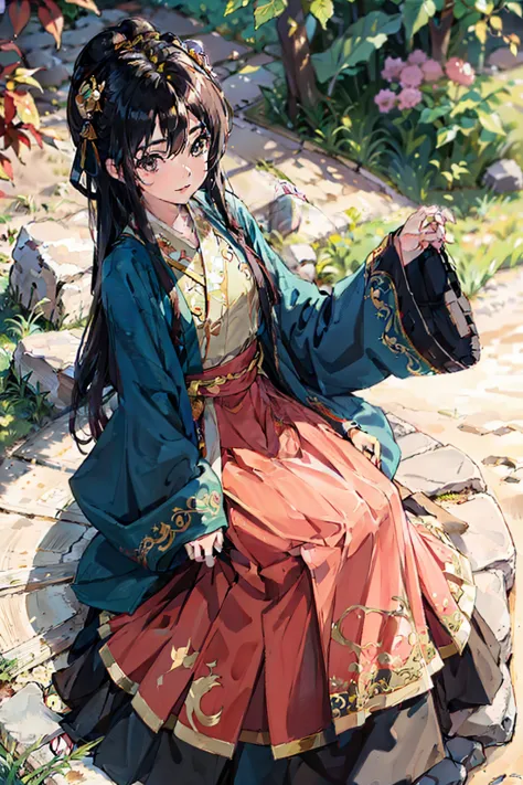 1girl in, 20 years old, Detailed face, Long hair, Innocent, Seductive face,
Hanfu, natta,  Lute-shaped sleeve, mamian skirt, Long coat, yunjian,
,Golden, interactive, Sitting down, (From  above: 1.6)