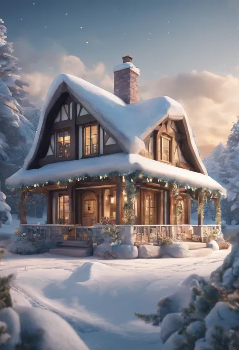 Cottage with big trees，Winter scenery，Illustration of a house covered in snow，Faraway view，Perspective plane 45 degrees，Isometric projection，Close-up Shot Shot，focal，Warm light，high detal，3D，C4D，Blender，OC renderer – S 250