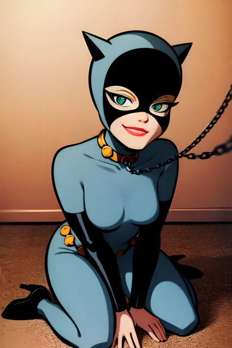 catwoman, (((cartoon, thick lineart, vibrant, bright, bright colors, colorful, smile))), (mask, lipstick, bodysuit, sharp expressive green eyes, perfect face), (straight back, sitting straight), portrait, (clothed, high heels), ((kneeling, sitting)), beaut...
