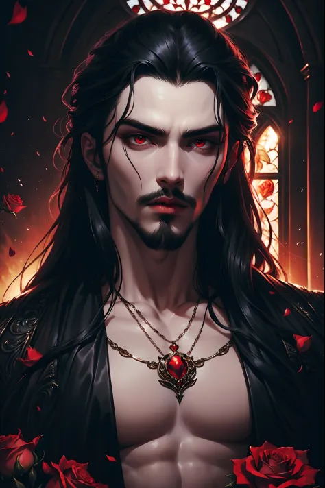 masterpiece, highest quality, perfect face, high detail, hot gorgeous Vampire man Vlad Tepes(Dracula), with long soft black hair...