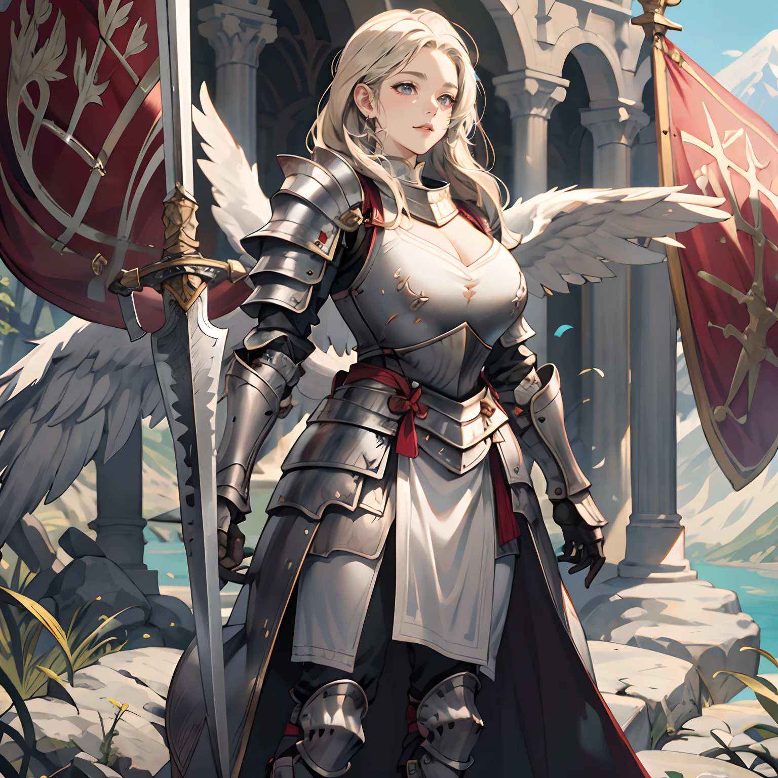 Women in Their 20s、1 persons、angelicales、large white wings on the back、Has 6 wings、Swan wings、with round face、Round jaws、a close up of a woman in armor holding a sword, armor girl, Female knight, large full breasts、full armor, full armor, Gorgeous Female Paladin, Female knight, of a beautiful female knight, Beautiful armor, Plump、thick waist、Wide waist、full armor, s Armor、Gorgeous full-body armor, stunning armor, Trending on ArtStation pixiv, beautiful female knight、holding a greatsword、Great Sword of Steel、delighted expression、Looking here、Staring at me、by lake、White battle flags are lined up、A large army in the distance behind、Forest and mountains in the background、Black string、Black pattern