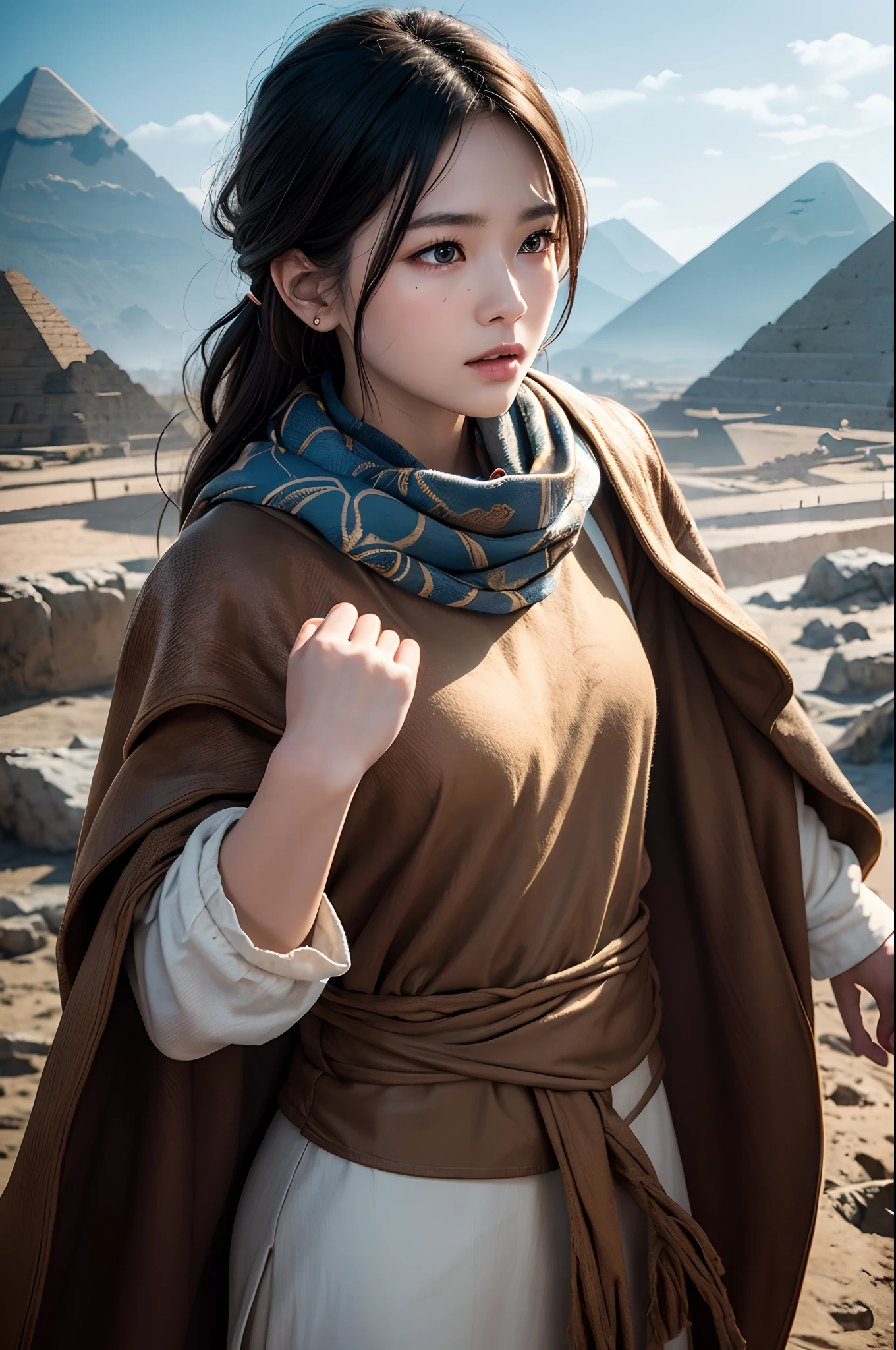 Realistic painting_book_cover:1.3, Little girl goes to the pyramids，CG Giant, Smooth CG art, Realistic. Cheng Yi, Realistic secret style, A lovely secret rendering, Rendu portrait 8k, Render character art 8 K, Kawaii realistic portrait， （Linen batik scarf）， Angry fighting stance， looking at the ground， Batik linen bandana， Chinese python pattern long-sleeved garment，Uncharted（Abstract propylene splash：1.2）， Dark clouds lightning background，废墟（realisticlying：1.4），Black color hair，Flour fluttering，Telephoto lens high， A high resolution， the detail， RAW photogr， Sharp Re， Nikon D850 Film Stock Photo by Jefferies Lee 4 Kodak Portra 400 Camera F1.6 shots, Rich colors, ultra-realistic vivid textures, Dramatic lighting，8K quality, Girls，Backstreets， Dark clouds lightning background（realisticlying：1.4），Black color hair，Uncharted， RAW photogr， Sharp Re， Nikon D850 Film Stock Photo by Jefferies Lee 4 Kodak Portra 400 Camera F1.6 shots, Rich colors, ultra-realistic vivid textures, Drama light film CG agency，Tropical canyon battle scene、Chinese big breasts、Vintage trench coat、three kingdom、ember、100 people、Faraway view、intense battles、high detal、masuter piece、NSFW，Multi-layered long-sleeved gauze garment，Quick-dry vest，Colorful cotton and linen sweater，Red and black snake cloak cloak，Doomsday ruins（Uncharted）Climb the streets（Armageddon）eyes filled with angry，He clenched his fist v