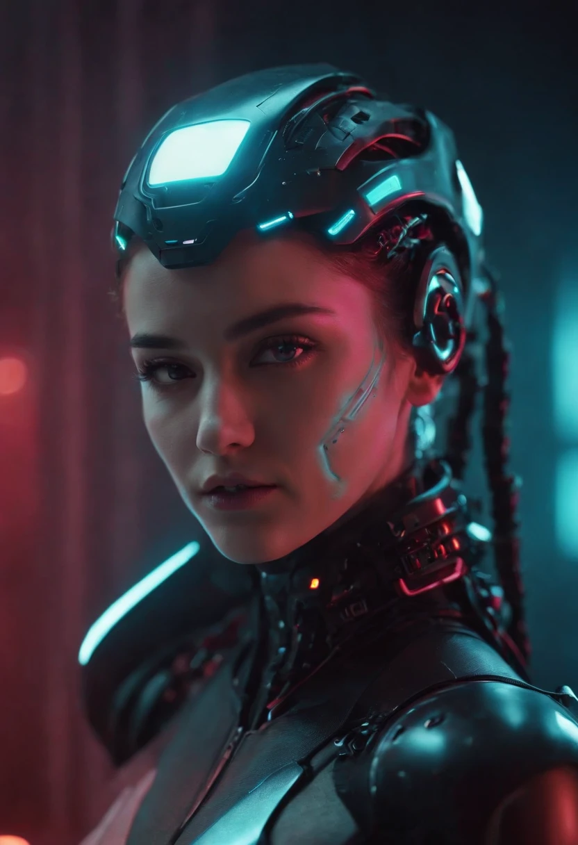 UHD,half robotic face, high contrast, 4k high definition, Cyberpunk, highly technological, frontal position, bright eyes, clothing details with technology, side position, muscular, neon glow color