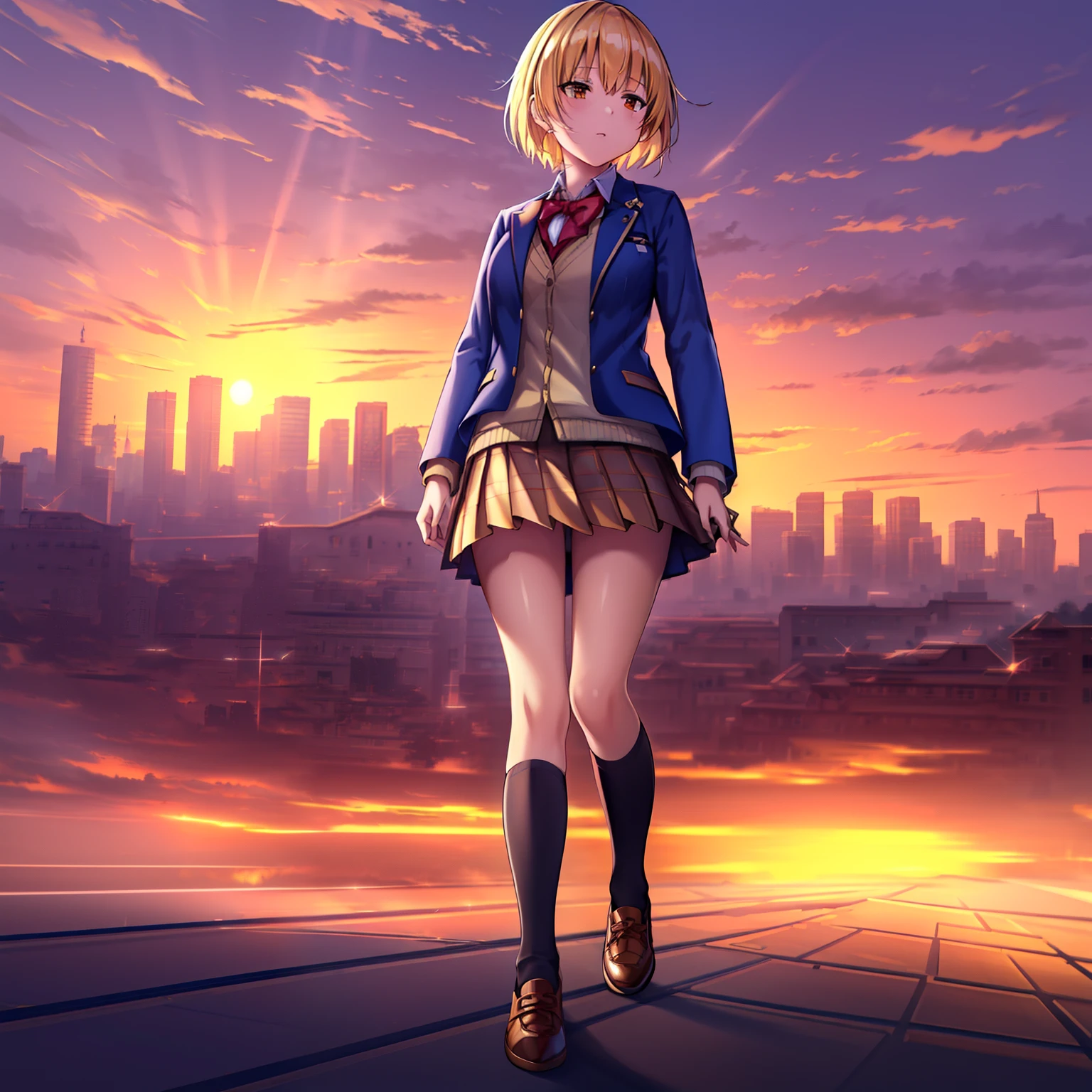 ,masutepiece, Perfect face,(dense lines:1.0), (Ultra-detailed:1.2), (Oil Painting:0.9), (the Extremely Detailed CG Unity 8K Wallpapers:1.2),
Looking at Viewer,(((City of Sunsets))),(((Sunset))),
1girl in,Solo,Short hair,School uniform,Jacket,Blazer,Skirt,White socks,shoes,a blond