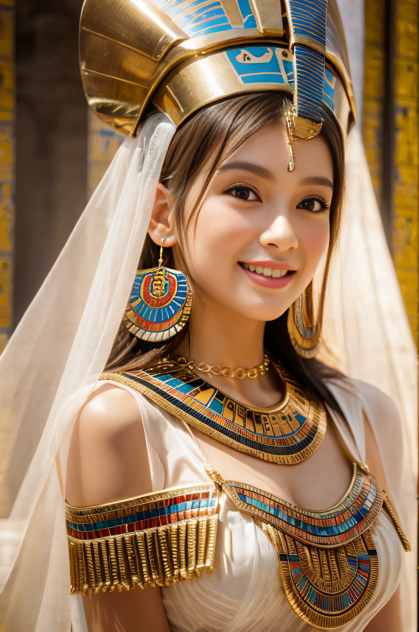 (((ancient egyptian Kalasiris))),(((ancient egyptian queen headpiece))),(((bib necklace))),(((bare inner thigh))),(((bangle))),(((ancient egypt traditional white sheer fabric cape))),ulzzang-6500-v1.1, (Raw photo:1.2), (Photo realistic:1.4), a beautiful detailed girl, extremely detailed eye and face, beautiful detailed eyes, ultra-detailed, High resolution, top-quality, ​masterpiece, highly detailed, 8k wallpaper, Wonderful, finely detail, top-quality, Light on the face,Movie Lighting,1girl in,(ancient egypt pyramids and sphinx),Beautiful eyes,smile,Opening Mouth