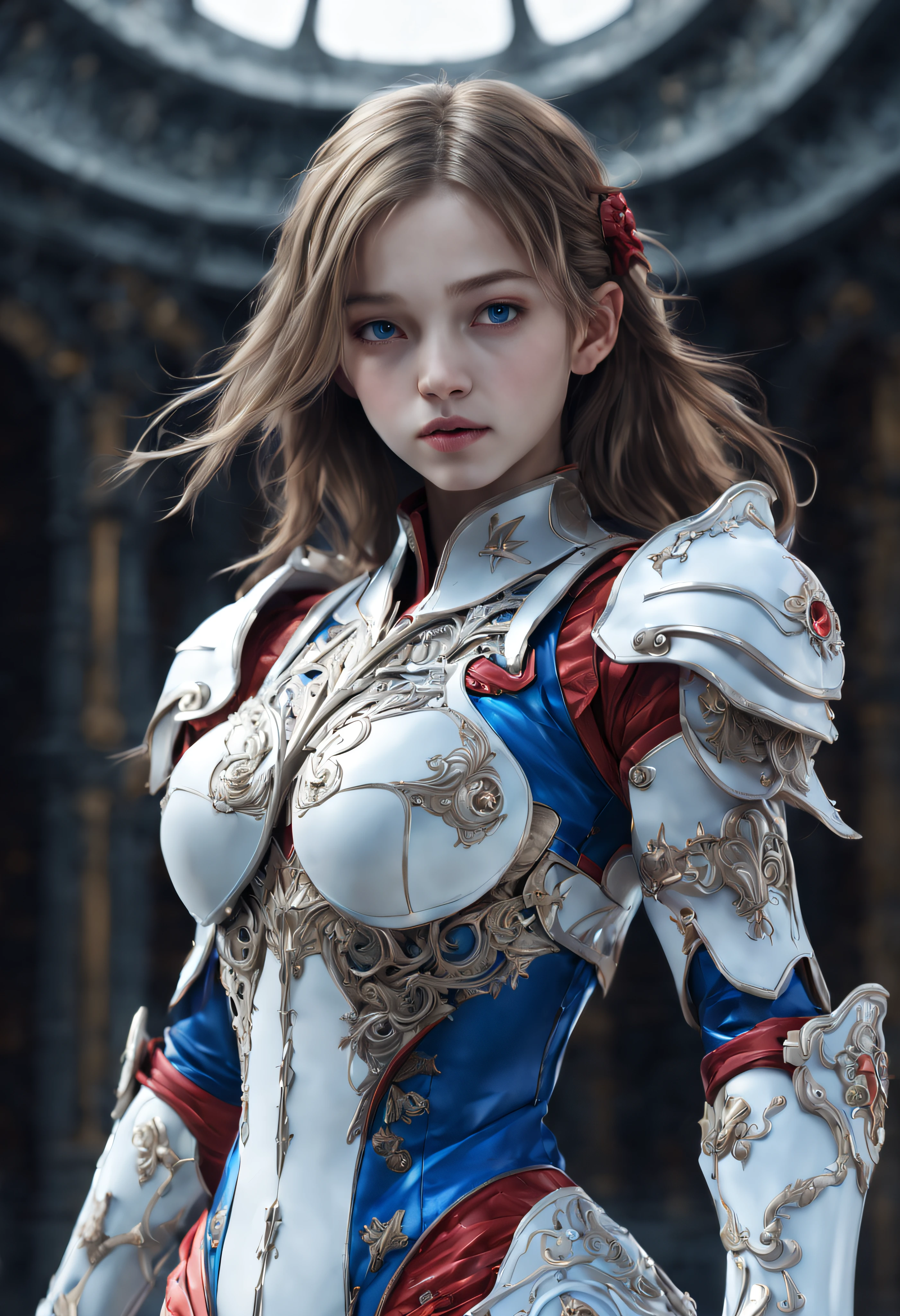 front_View, masutepiece, Best Quality, Photorealistic, Raw photo, (1girl in, Looking at Viewer), Long hair, Mechanical White Armor, complex armour, Delicate blue filigree, intricate filigree, Red Metallic Parts, Details, Dynamic Pose, Detailed background, Dynamic lighting,