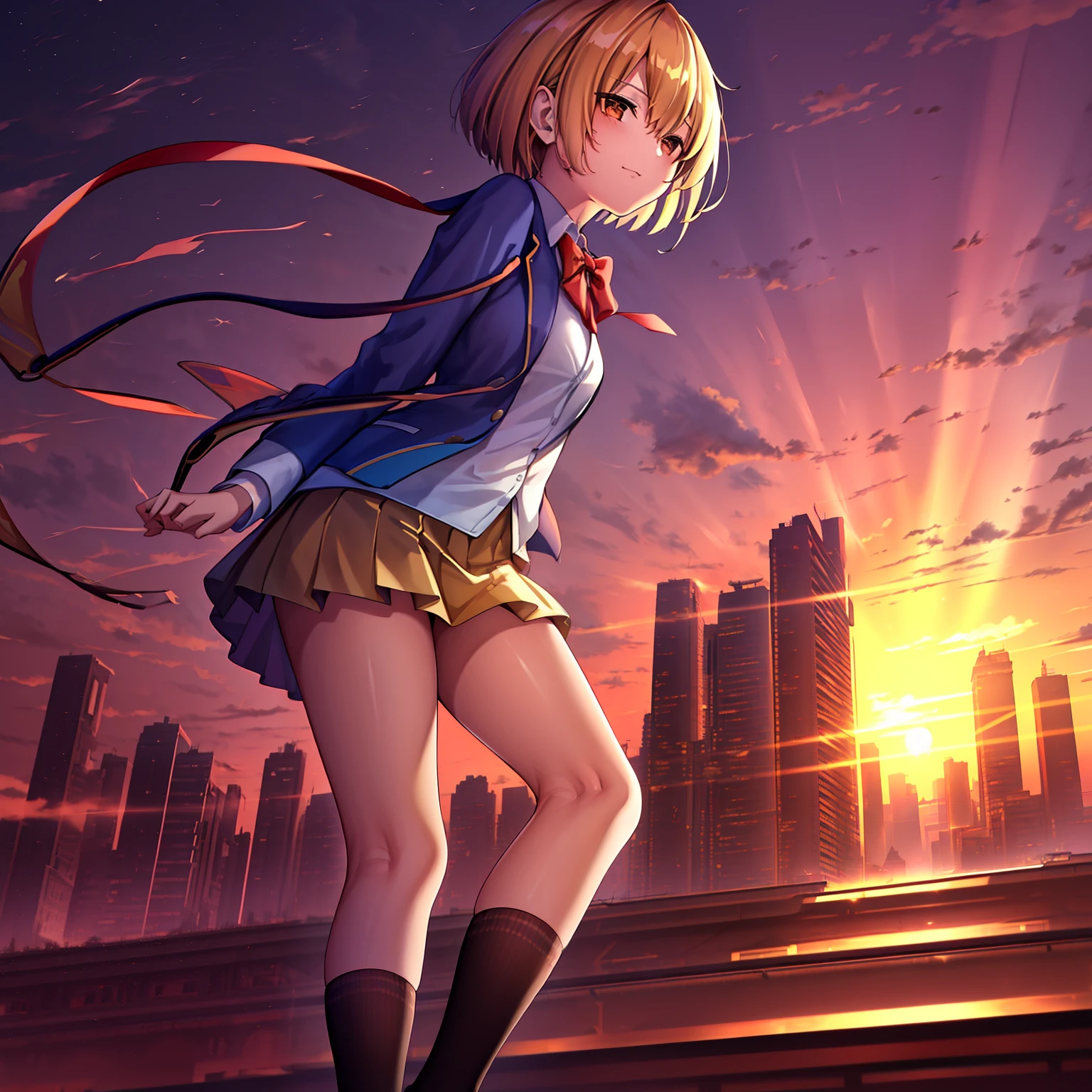 ,masutepiece, Perfect face,(dense lines:1.0), (Ultra-detailed:1.2), (Oil Painting:0.9), (the Extremely Detailed CG Unity 8K Wallpapers:1.2),
Looking at Viewer,(((City of Sunsets))),(((Sunset))),
1girl in,Solo,Short hair,School uniform,Jacket,Blazer,Skirt,White socks,shoes,a blond,Write