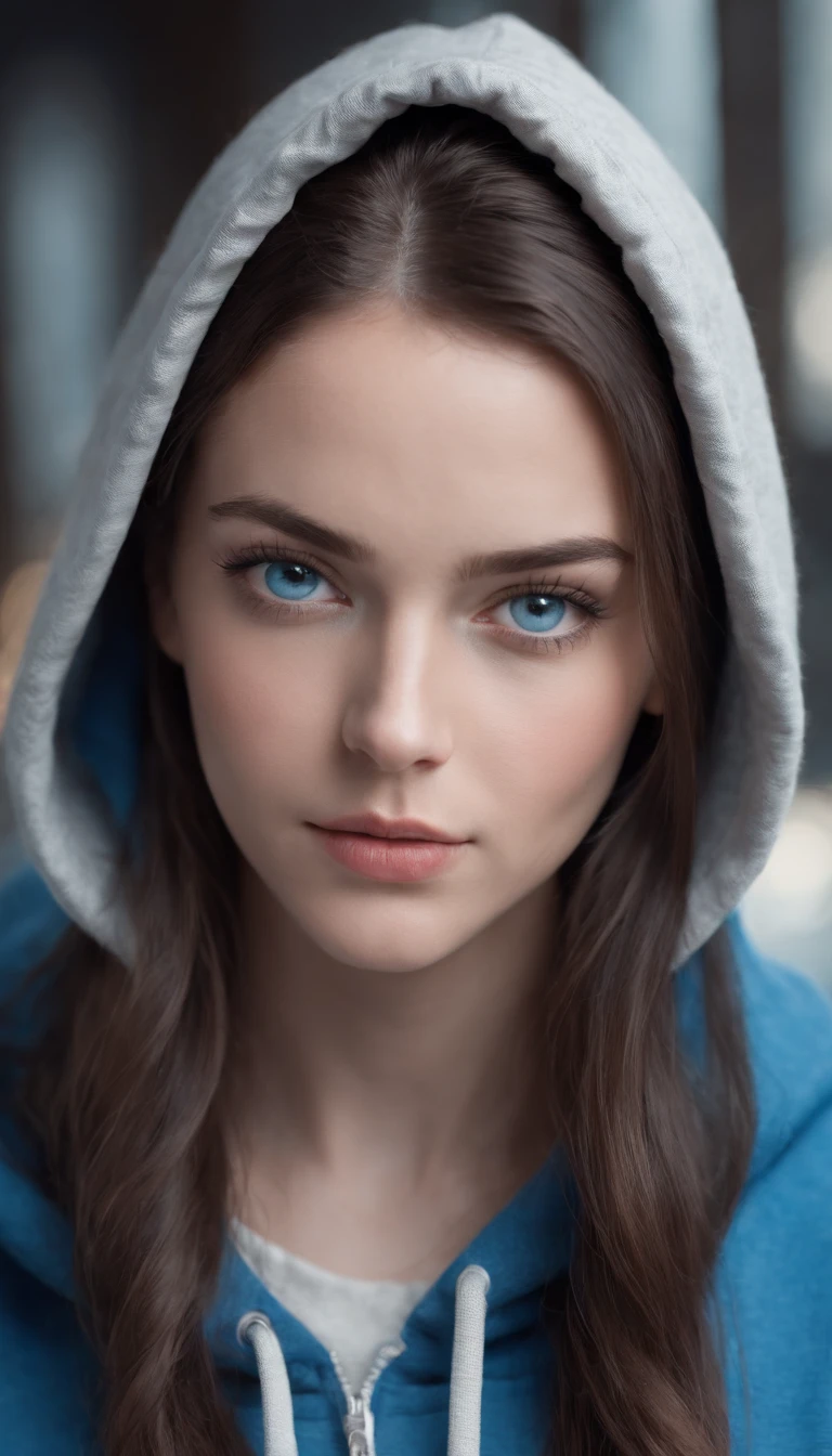 A close up of a woman with a hoodie on looking at the camera - SeaArt AI