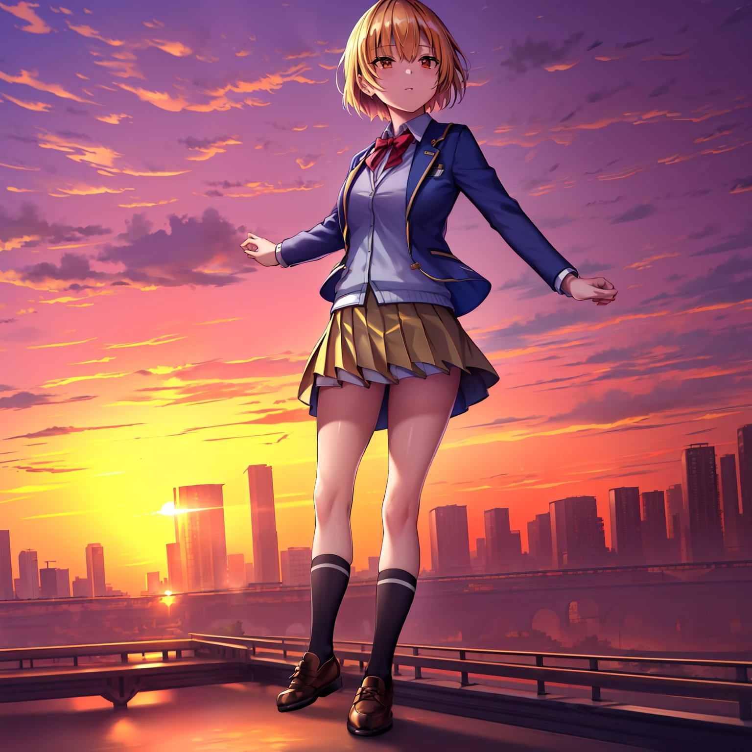 ,masutepiece, Perfect face,(dense lines:1.0), (Ultra-detailed:1.2), (Oil Painting:0.9), (the Extremely Detailed CG Unity 8K Wallpapers:1.2),
Looking at Viewer,(((City of Sunsets))),(((Sunset))),
1girl in,Solo,Short hair,School uniform,Jacket,Blazer,Skirt,White socks,shoes,a blond,Write