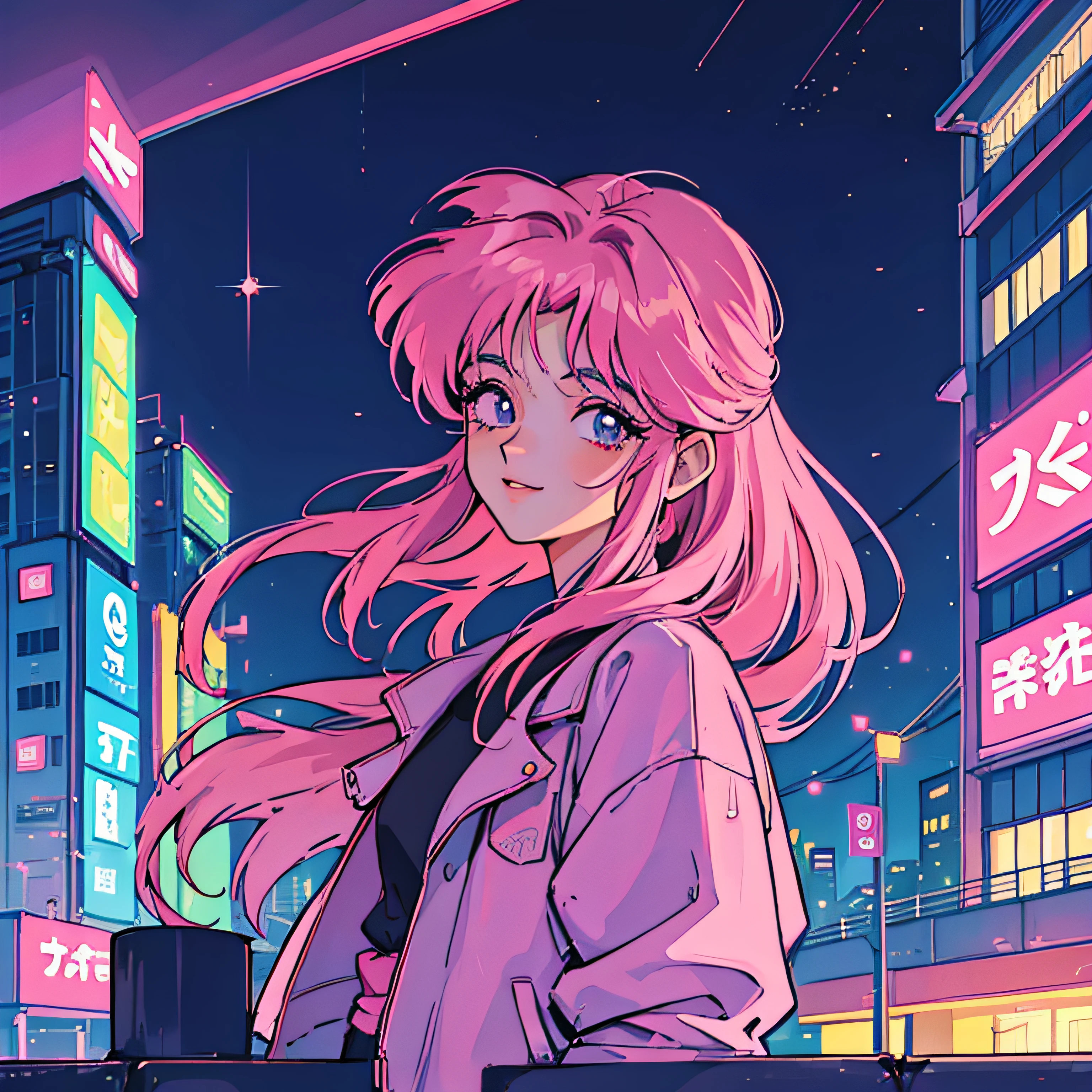 garota de 短发, 短发 e rosa, 赛博朋克城市景观 , 城市的夜晚, 丰富多彩的, anime 90年代, 90年代, 称赞, 氖, 复古的, 许多商店, 微笑着, 面对我 , 短发, 粉红色的头发, 满街