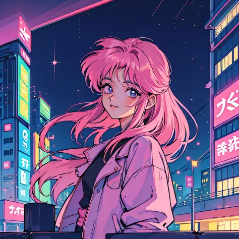 garota de cabelos curto, cabelos curto e rosa, paisagem urbana cyberpunk , cidade a noite, colorido, anime anos 90, anos 90, lof...