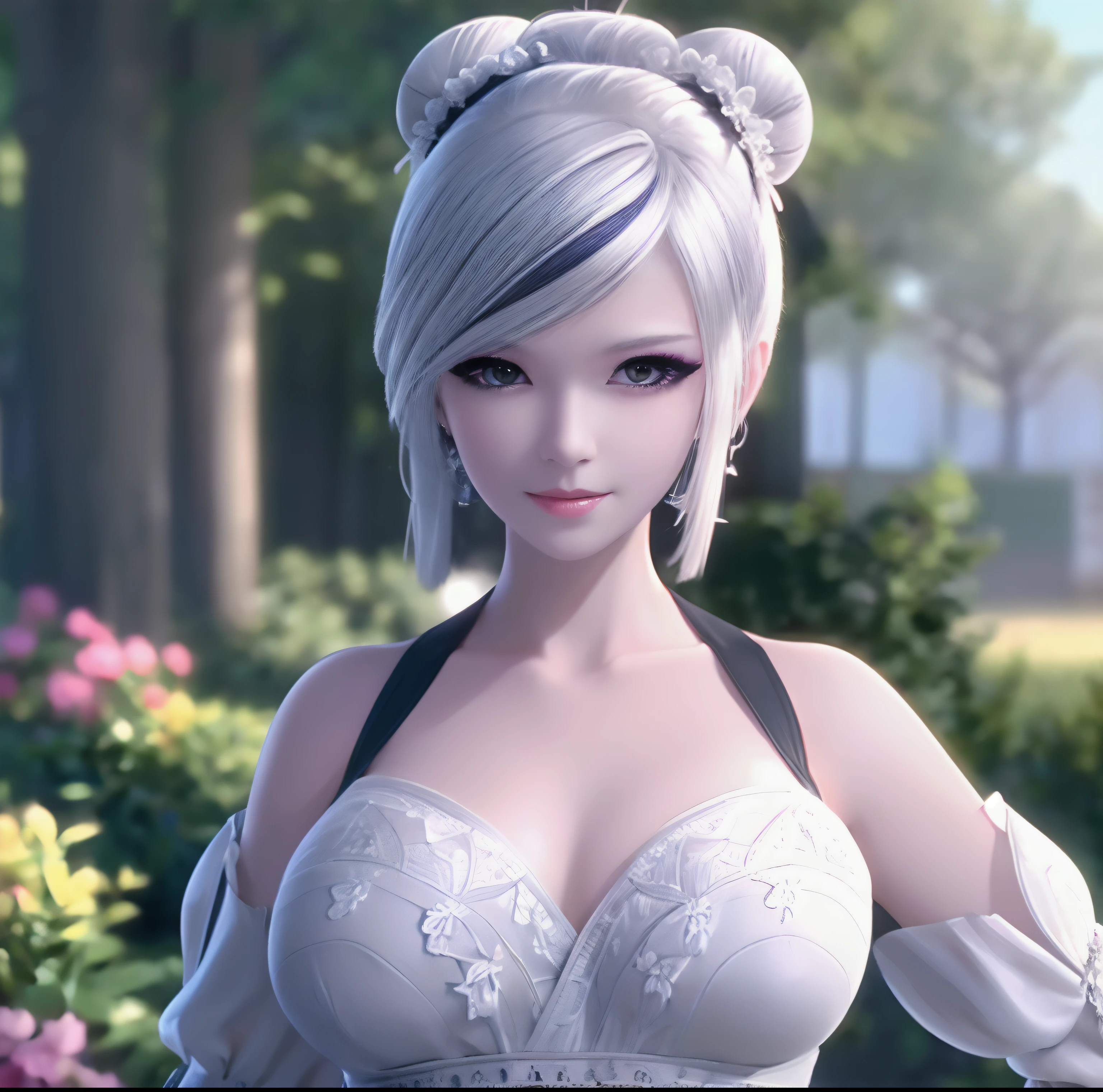 ((ultra detailed background, delicate pattern, intricate detail)), (highly detailed, fine details), 1girl, (masterpiece, best quality), high detailed 1girl,breasts,solo,jewelry,earrings,cleavage,looking at viewer,dress,detached sleeves,flower,white hair,(hair bun:1.3),bare shoulders,upper body,(hair ornament:1.2),(single hair bun:1.3),multicolored hair,ribbon,lips,medium breasts,collarbone,hair ribbon,swept bangs,(beautiful detailed hair:1.2),