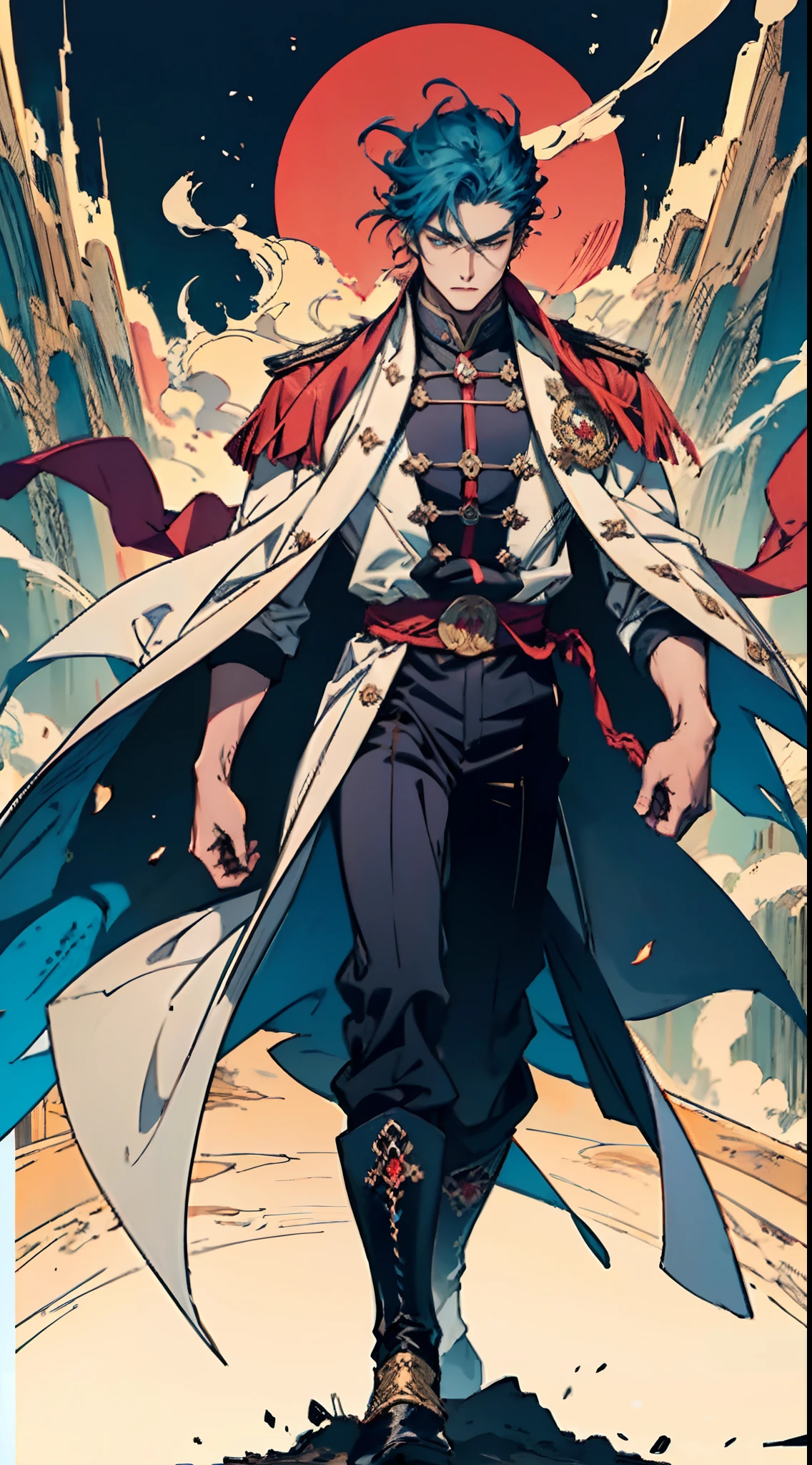 A young man with long slate-blue hair, disheveled and flying hair, sharp gaze, a resolute countenance, he has a mixed West Asian and Eastern European appearance, a fantasy wuxia-style tight-fitting trench coat robe, with a flowing hem, the color scheme is mainly white, with red and white-blue as secondary colors, dark trousers, thick cloth boots, he stands in a majestic posture, while the surrounding space shatters and ruptures with energy, this character embodies a finely crafted fantasy-style Chinese martial hero in anime style, characterized by an exquisite and mature manga illustration art style, full body character drawing, high definition, best quality, highres, ultra-detailed, ultra-fine painting, extremely delicate, professional, anatomically correct, symmetrical face, extremely detailed eyes and face, high quality eyes, creativity, RAW photo, UHD, 8k, Natural light, cinematic lighting, masterpiece:1.5