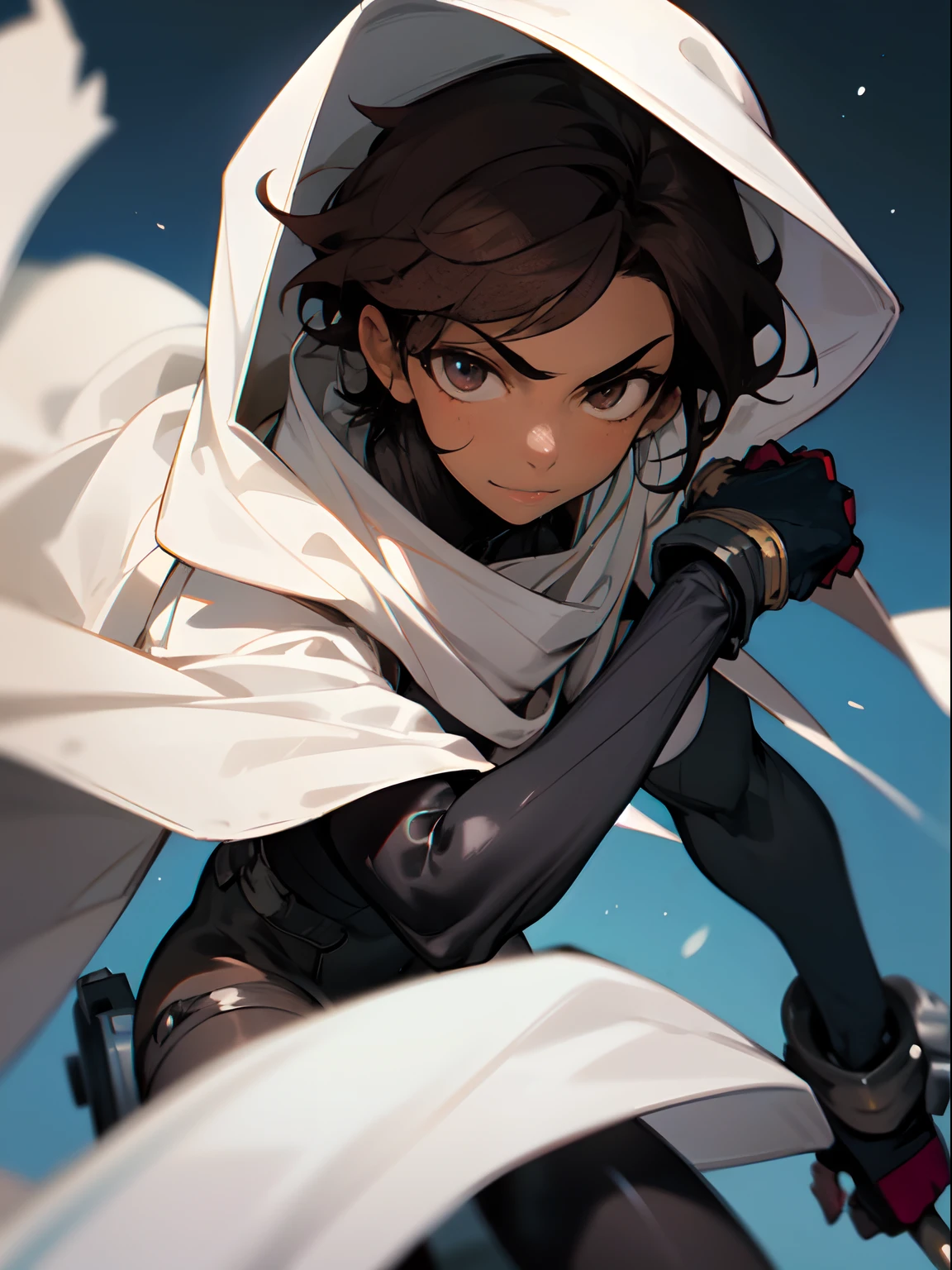 Masterpiece, highres, High quality, Dark skin teen, male, slightly buff, medium dark brown hair hair, big innocent eye's, wearing a black full bodysuit, six white long torn scarf, hooded white cloaks, black big Gauntlets, dramatic sho, intensive, cool, badass, close up