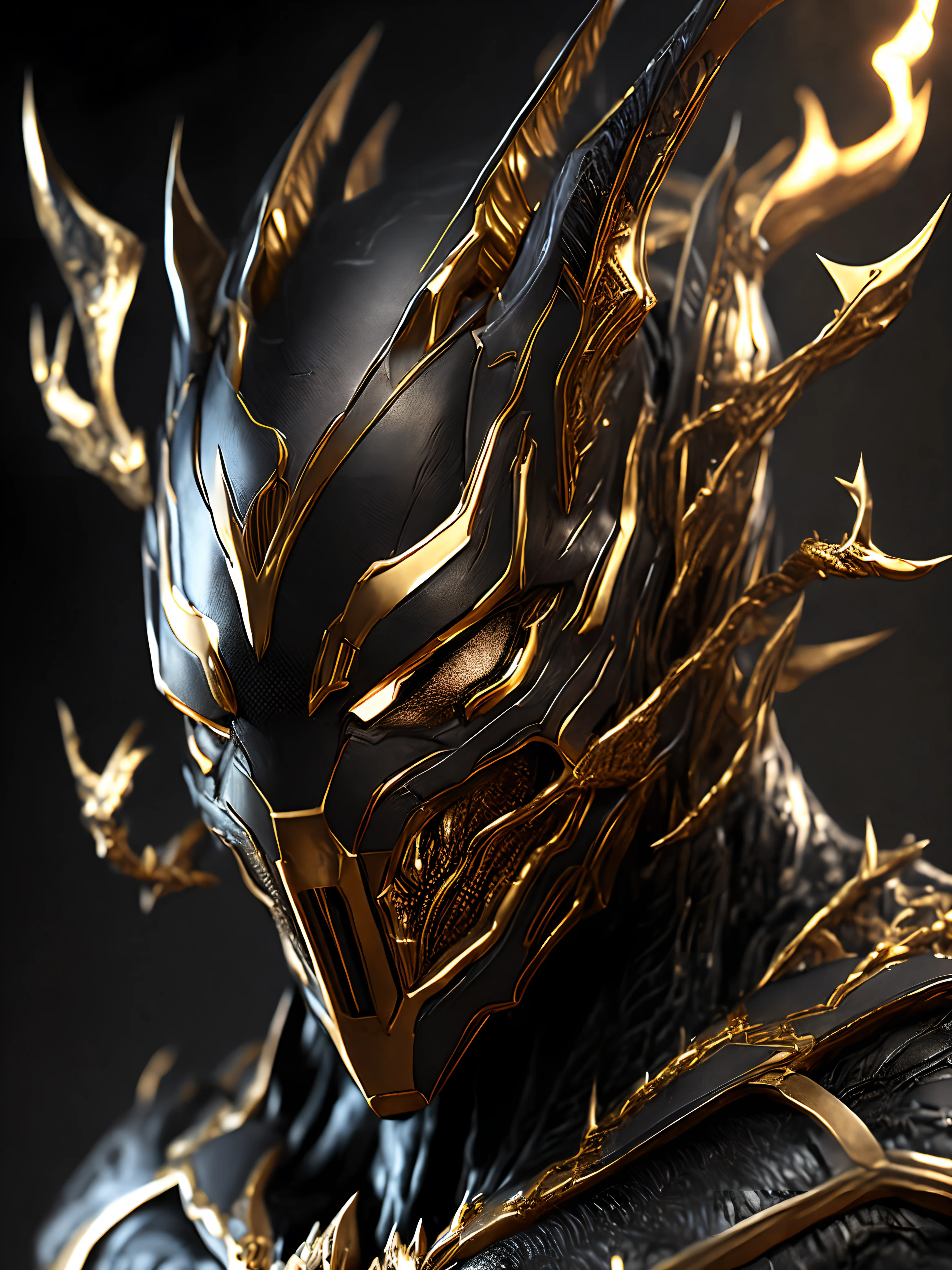 Close-up ( Steal metal black and gold venom from Marvel in Goth style: 1.3) emerging from the reflective steal metal, extremely detailed, smoke, sparks, metal shavings, flying debris, volumetric light