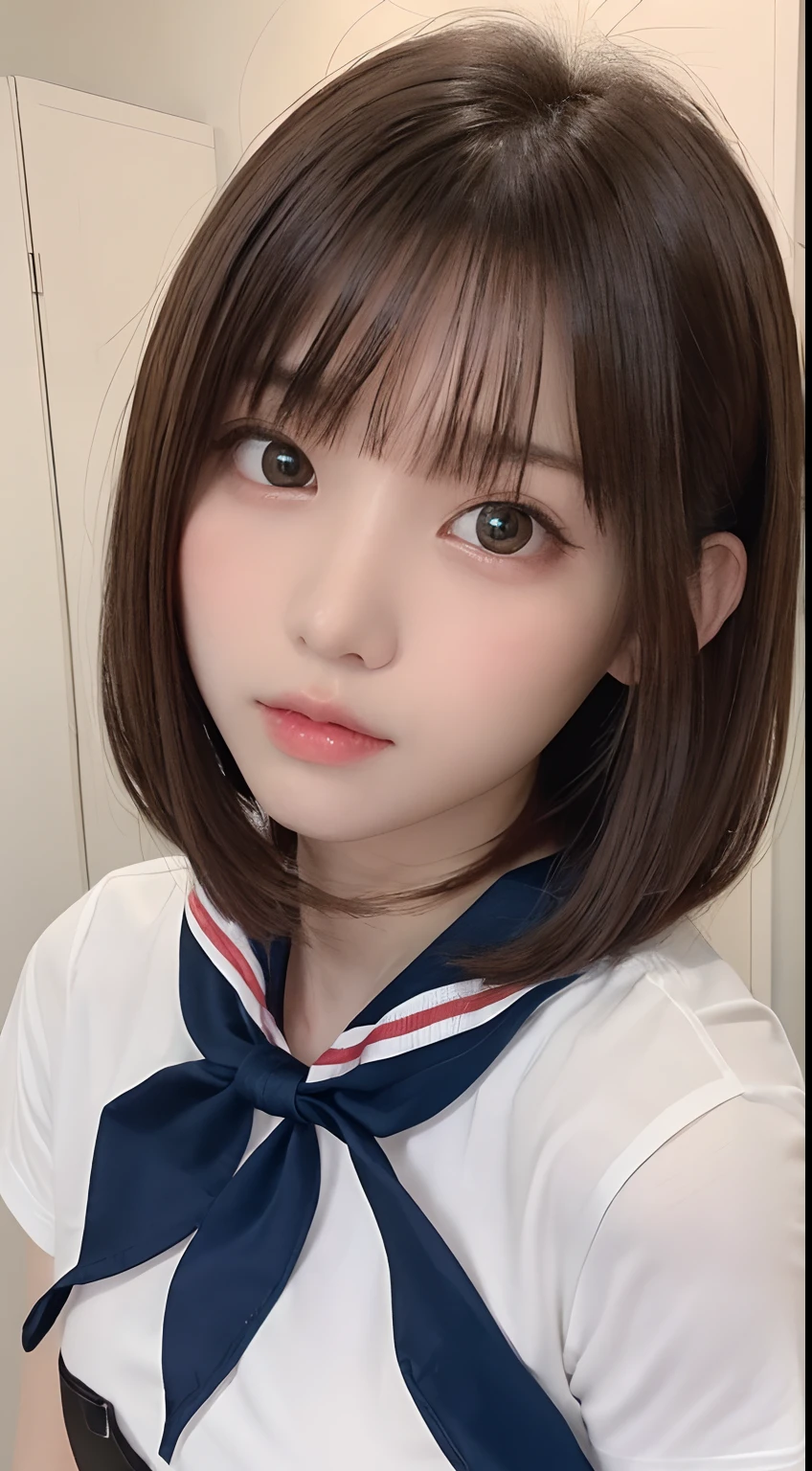 masterpiece, best quality, one girl, (a beauty girl, delicate girl:1.3), (:1.3), very fine eye definition, (symmetrical eyes:1.3), (short sleeve, white shirt, neckerchief), small breasts, brown eyes, parted bangs, brown hair