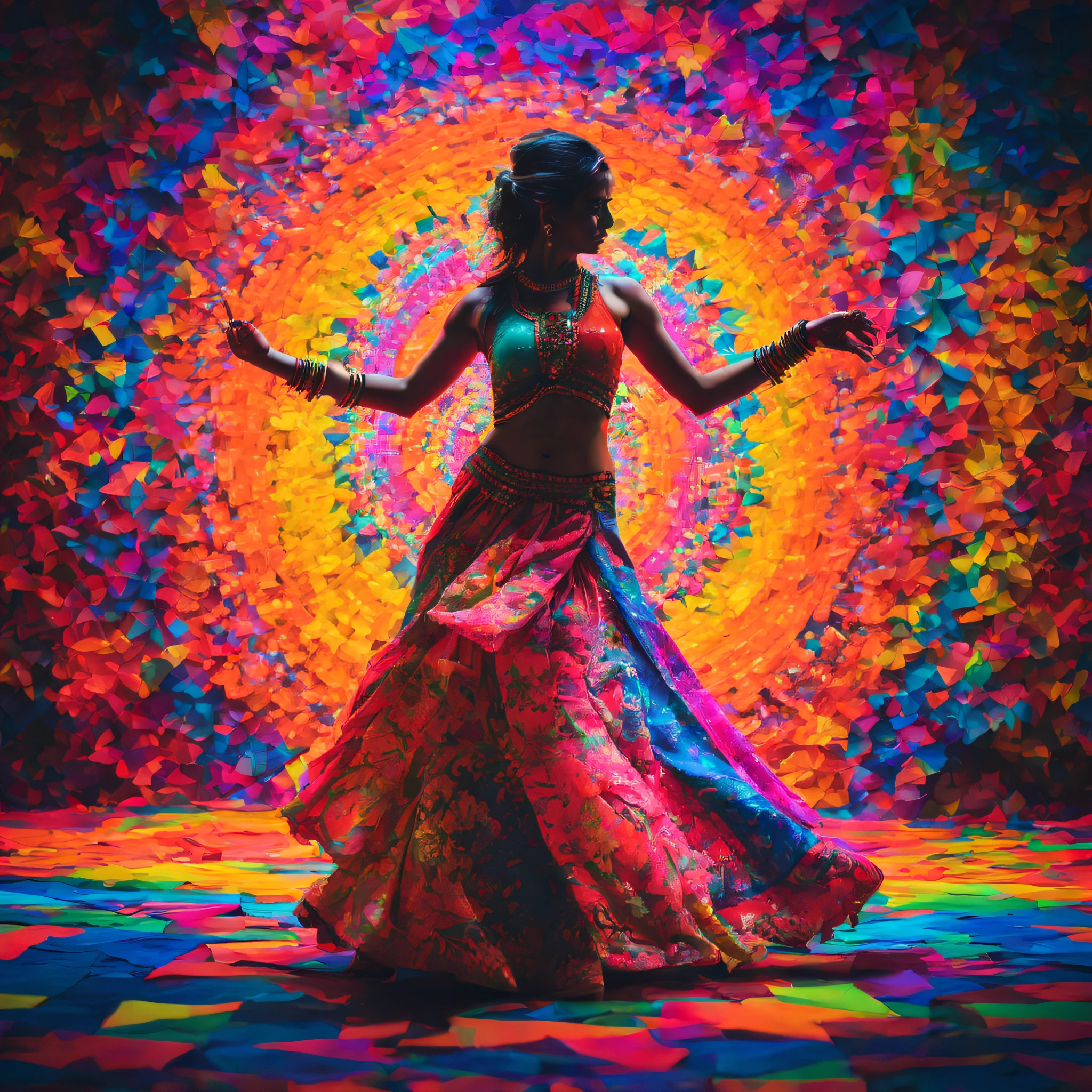 Neon Fractalized Synesthesia Glitchscape shredded gelmosaic paper mesmerizing Gujarati indian woman in a Neon Tradisnal navratri dress, playing garba dance, passionate dance pose, full body shot --ar 4:7