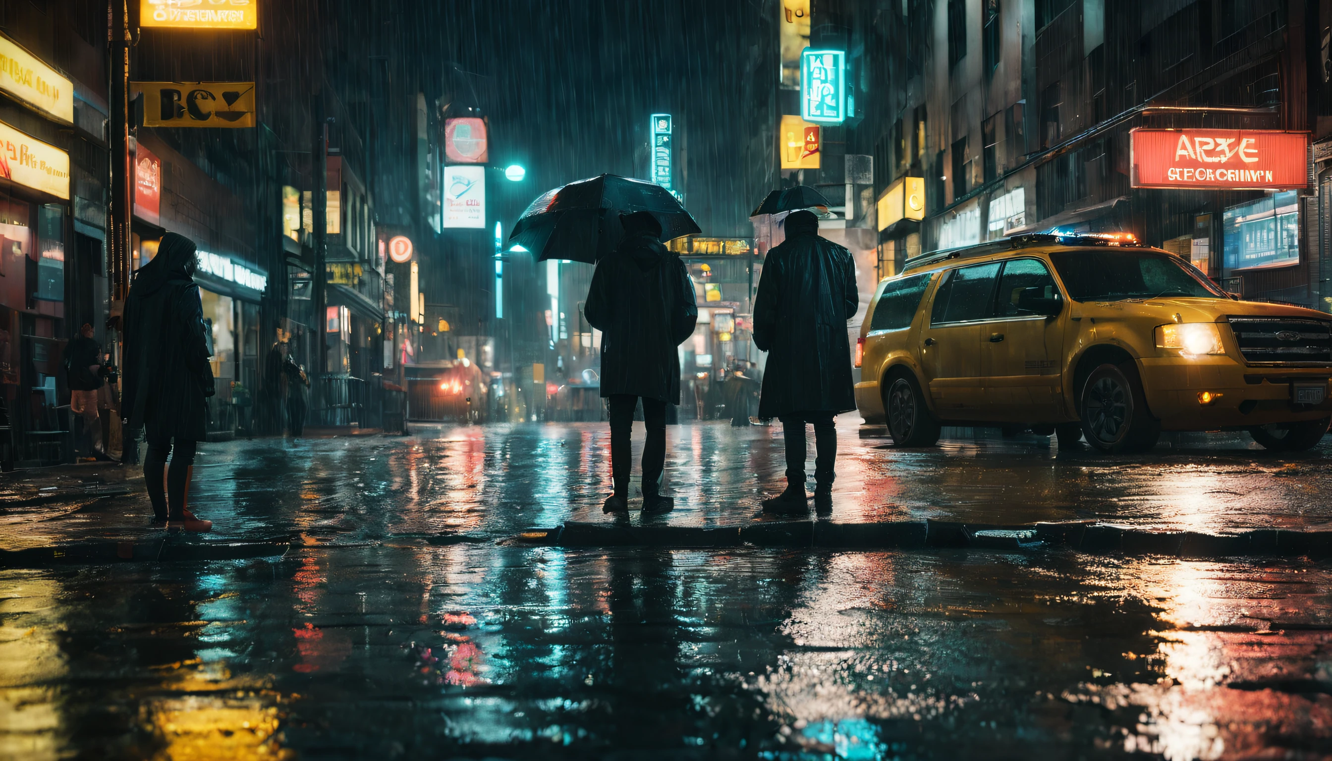 fotografía profesional premiada, National Geographic, en la vista del suelo, un desagüe de la calle sobre la lluvia flotante, del centro de una ciudad de Nueva York de 2050 después de una noche lluviosa, cuatro amigos esperando y buscando el autobús urbano en la parada de autobús, Híper realista, ciberpunk, escena cinematográfica, paisaje urbano, malhumorado, iluminado por neón, Vista desde arriba por la noche durante fuertes lluvias, Calles mojadas reflectantes, Fotorrealista, Extremadamente bien hecho,  Arri Alexa con plataforma aérea, Lente de 20 mm, rayas de luz, poca profundidad de campo, Destellos de lente, 8k, HDR, iluminación volumétrica, Destellos de lente, paisajes expansivos, detalles intrincados.