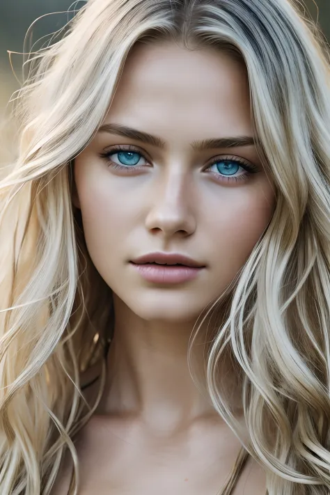 1girl in, age19, Solo, Long wavy blond hair, messy wind blown hair, blondehair, (dark blue eyes), Colossal tits, full body shot, (textured skin, skin pores:1.1), imperfect skin, goosebumps, (extremely detailed 8k wallpaper), soft lighting, high quality, fi...