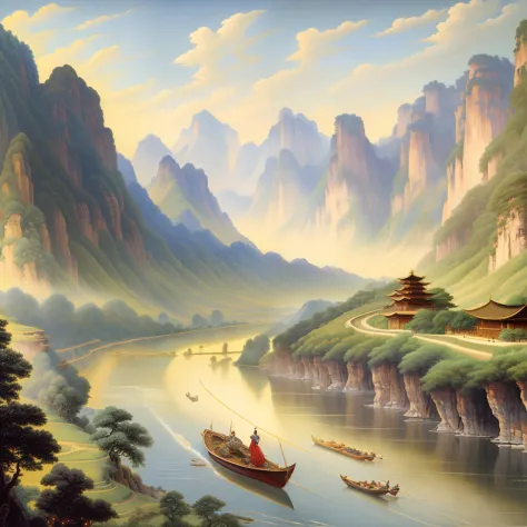 Ancient landscape painting，Mountains in front，Behind is a beautiful meandering green river，evening light，Flying birds，There is a...