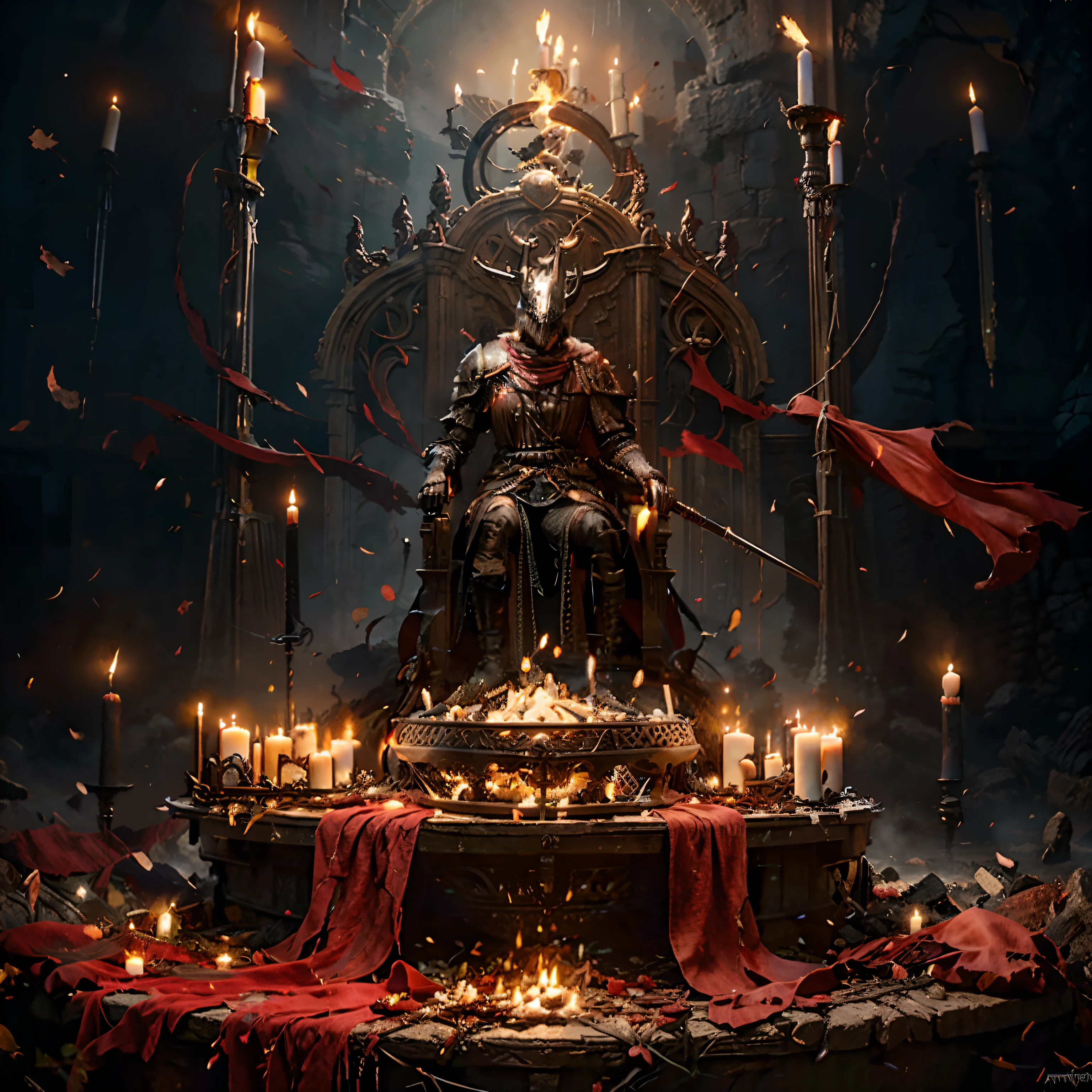 O Cavaleiro das Trevas senta-se em um trono cercado por velas, o melhor da estação de arte, Vencedor do concurso Artstation, arte conceitual de almas sombrias, arte das almas sombrias, por Yang J, Arte conceitual de Darksouls, arte conceitual de almas sombrias, Guilherme H.. bola de pong, arte das almas sombrias style, senhor do inferno no trono, conceito de alma escura, Arte conceitual digital de Diablo