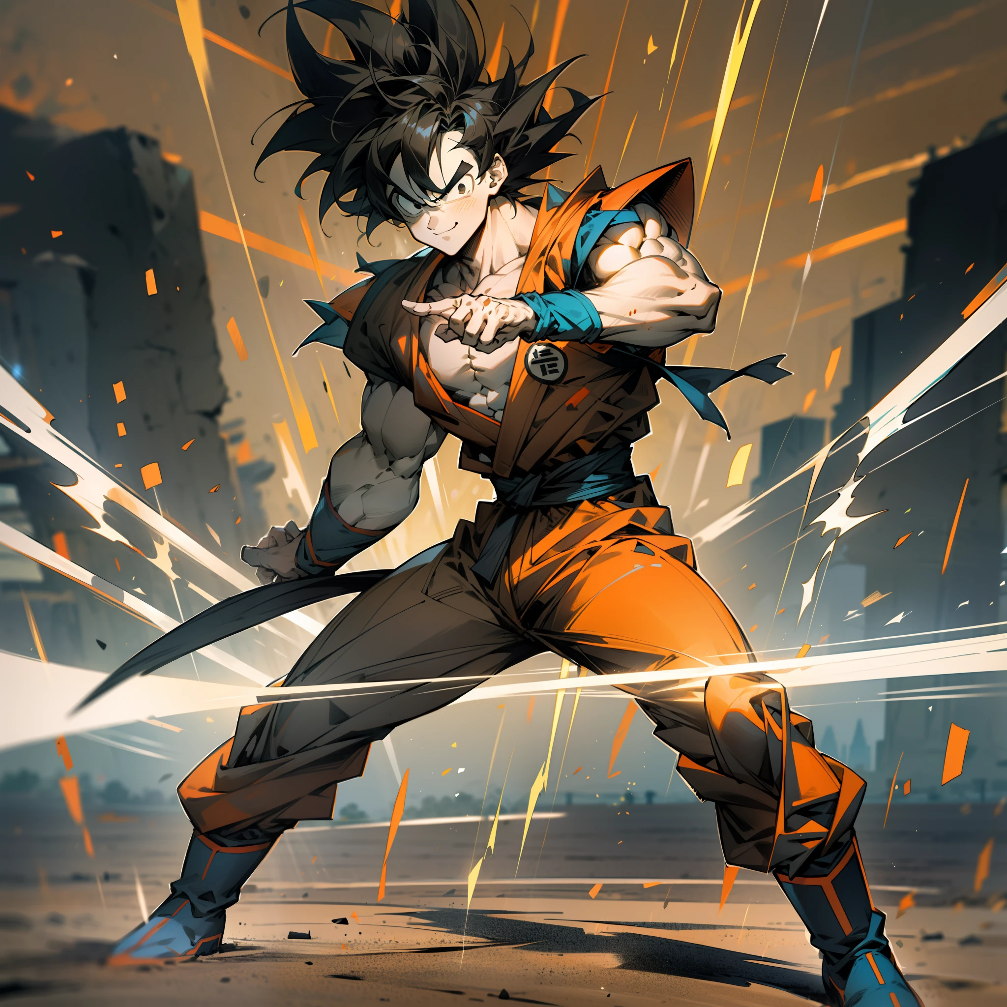 masterpiece, best quality, 1boy, (goku), short hair, black hair, black eyes,  blue boots, orange clothes, training, standing, smiling, angry face, aura power, night, natural light,standing, angry eyes,  smiling, black hair, male focus, strong muscles, movie composition, deth of field, bokeh, (futuristic), (full body),