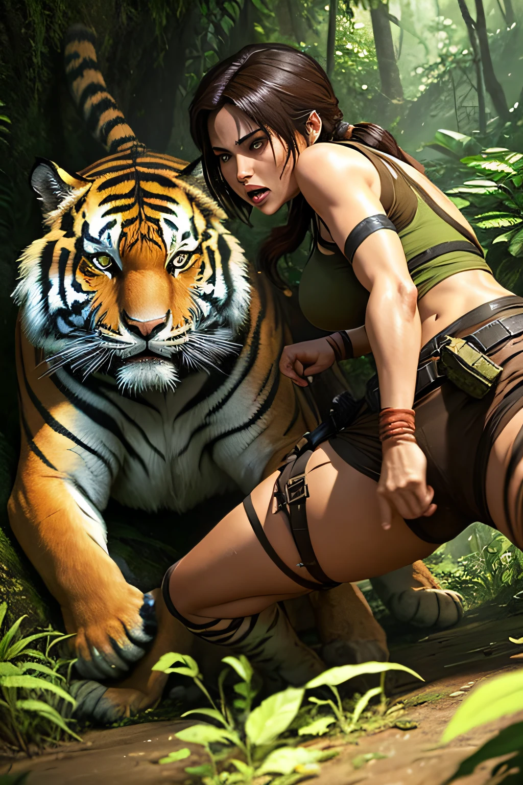 Um tigre atacando Lara Croft na selva