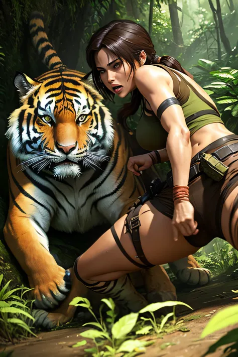 A tiger attacking Lara Croft in the jungle