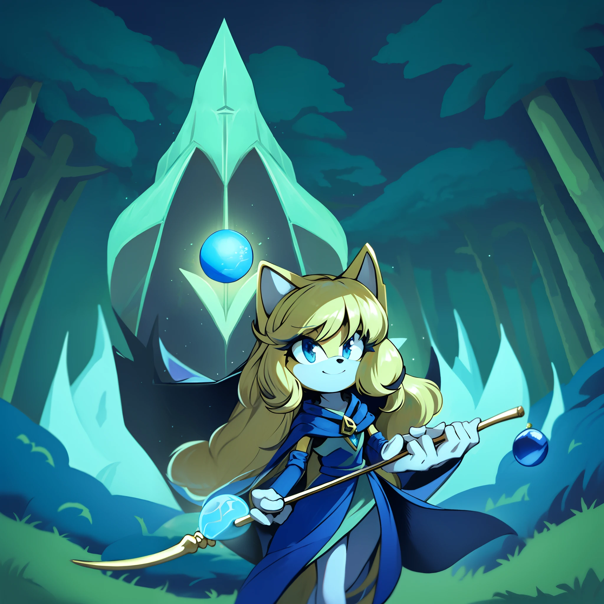 Female, mobian, hedgehog, 1girl, solo, looking at viewer, smile, blue sorceress dress, hooded cape, forest background, blonde fur, long hair, blue irises, grey leggings, hair bangs, holding a magical wooden staff with a blue orb gemstone wrapped in the center of the top