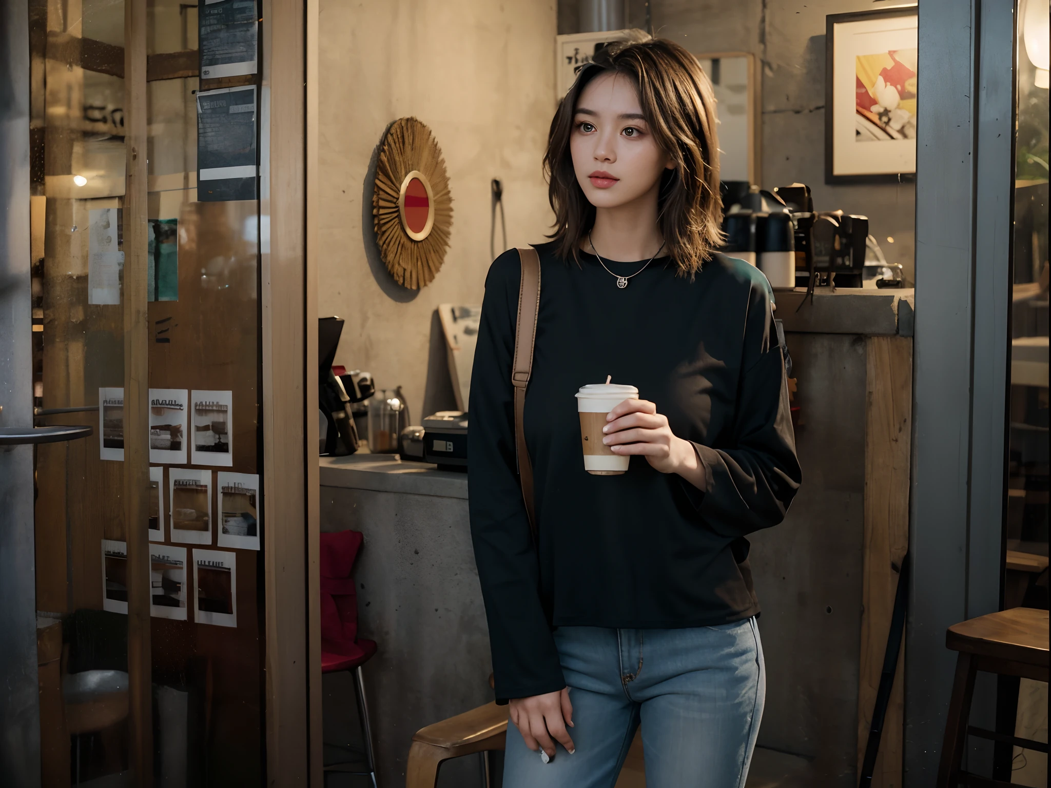 best quality,8k,highres,masterpiece:1.2),ultra-detailed, wall gray muted in background photo :1.37, (Germanian mix Irish Chic face girl 22 years old with asian nose. ) there is a woman standing in a doorway holding a cup of coffee, mysterious coffee shop girl, looking in front, in a coffee shop, enjoying coffee at a coffee shop, photo still, exclusive, small hipster coffee shop, standing in front of a door with sign Open, face in-frame, aesthetic shot, (Ambient occlusion on detailed, portrait at a window cinematic Natural Low lights cast shadow in the background and super low lights key lights in front to create dramatic realistic ) , natural less makeup look little sweat, ( bob layered short hair, dark brown hair with blonde highlights hair color, messy sweating hair after sport hair looks too hot too handle. ( she wearing summer outift details is Combine the denim cutoffs and a tied-up graphic tee, Add a sheer or lace kimono for a hint of allure, Swap ankle booties for strappy, Choose a crossbody bag with a chain strap for a chic touch, and wear a statement necklace for added allure ) , ( creating pose small collosal body and chest and sensual looks inviting comfort chest and hips) , (Holding a takeaway iced white coffee Latte and no bad fingers) , warm key lights from right behind her, and low key lights from front her. UHD, natural side sunlight's and cast shadow on side, in the interior concrete coffee bar and roastery, duo tone, architectural concrete brutalism, Analog filter lomography Xpro