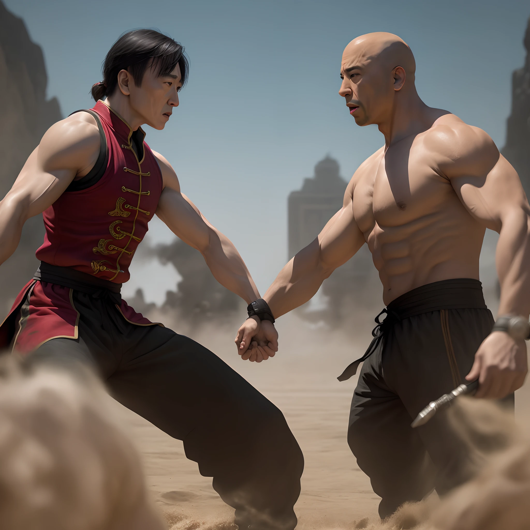 Two men in red shirts are fighting in the sand - SeaArt AI