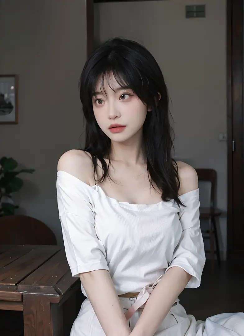 best qualtiy， 超高分辨率， （realisticlying：1.4）， twincest， A pair of clear and moving peach blossom eyes,Royal Sister，Off-shoulder white shirt， White tight skirt，  （Faded gray-gray hair：1.2）， （big cleavage breasts：1.2），  closeup cleavage ，