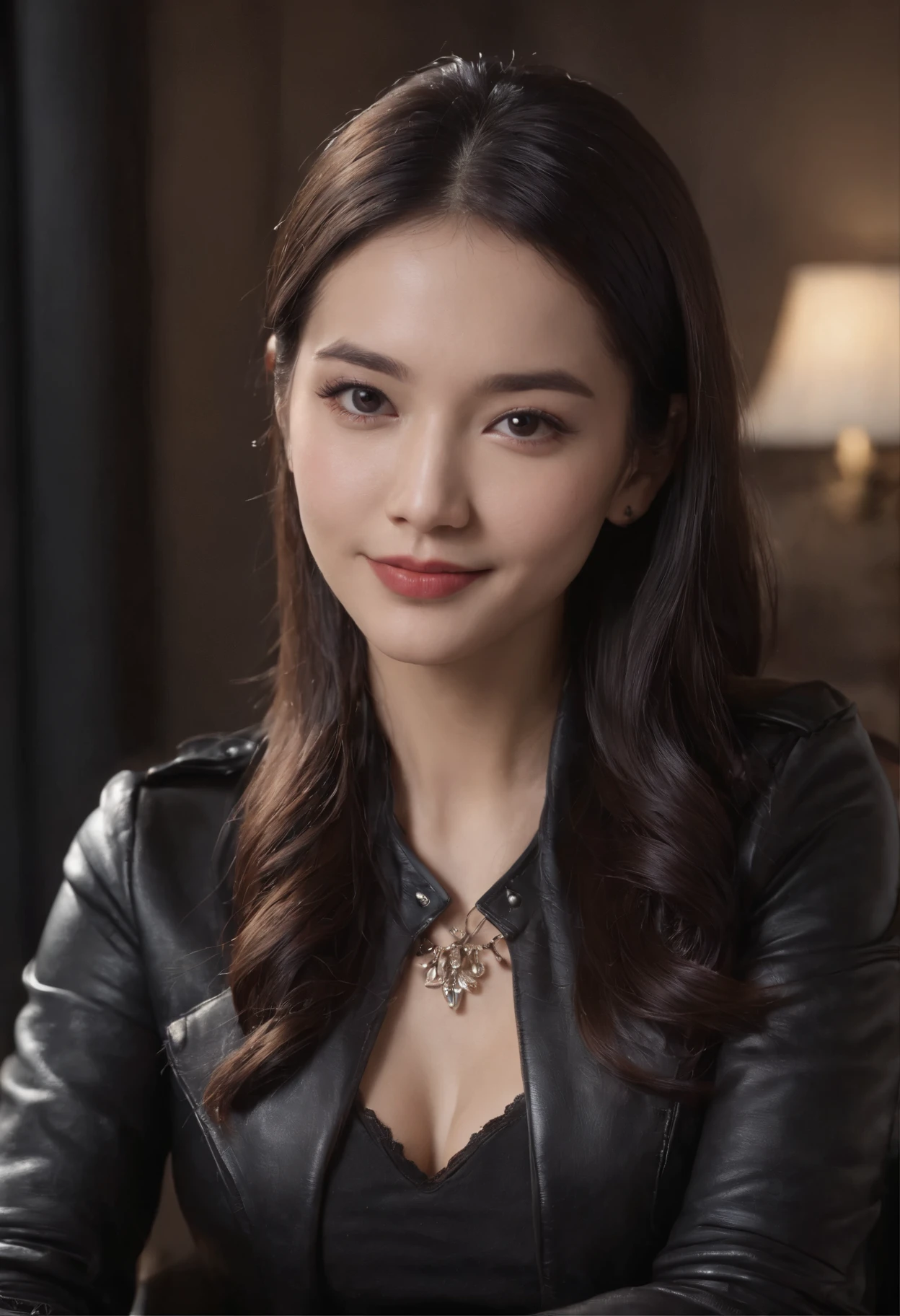 Wear black leather gloves on both hands, Upper body, Black leather rider jacket, Necklace on the chest, Smiling at desk in a modern study in the dark, black long straight hair, young Chinese woman (Black leather gloves cover hands) Fingers with black leather gloves, Sit in a leather chair, Work on a computer, Staring at the screen，huge tit，Crisp chest half exposed