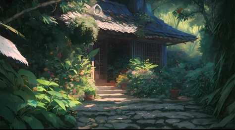 (1980s anime), detailed and intricate, of a house in a dense jungle filled with exotic plants and animals, the sunlight filtering through the canopy creating a dappled effect. In the style of Yoshitaka Amano and Hayao Miyazaki, masterpiece, proportional, d...
