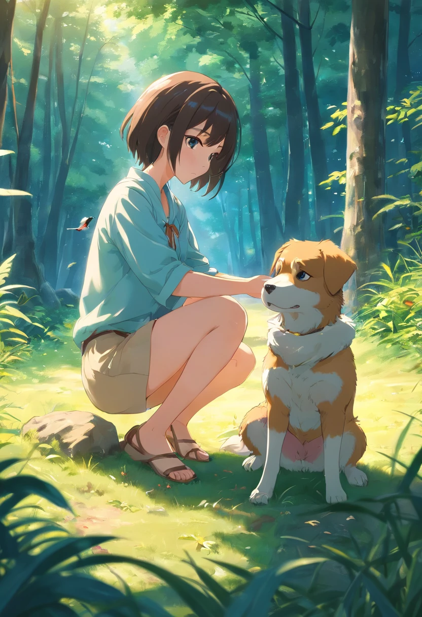 Anime girl kneeling down petting a dog in the woods - SeaArt AI