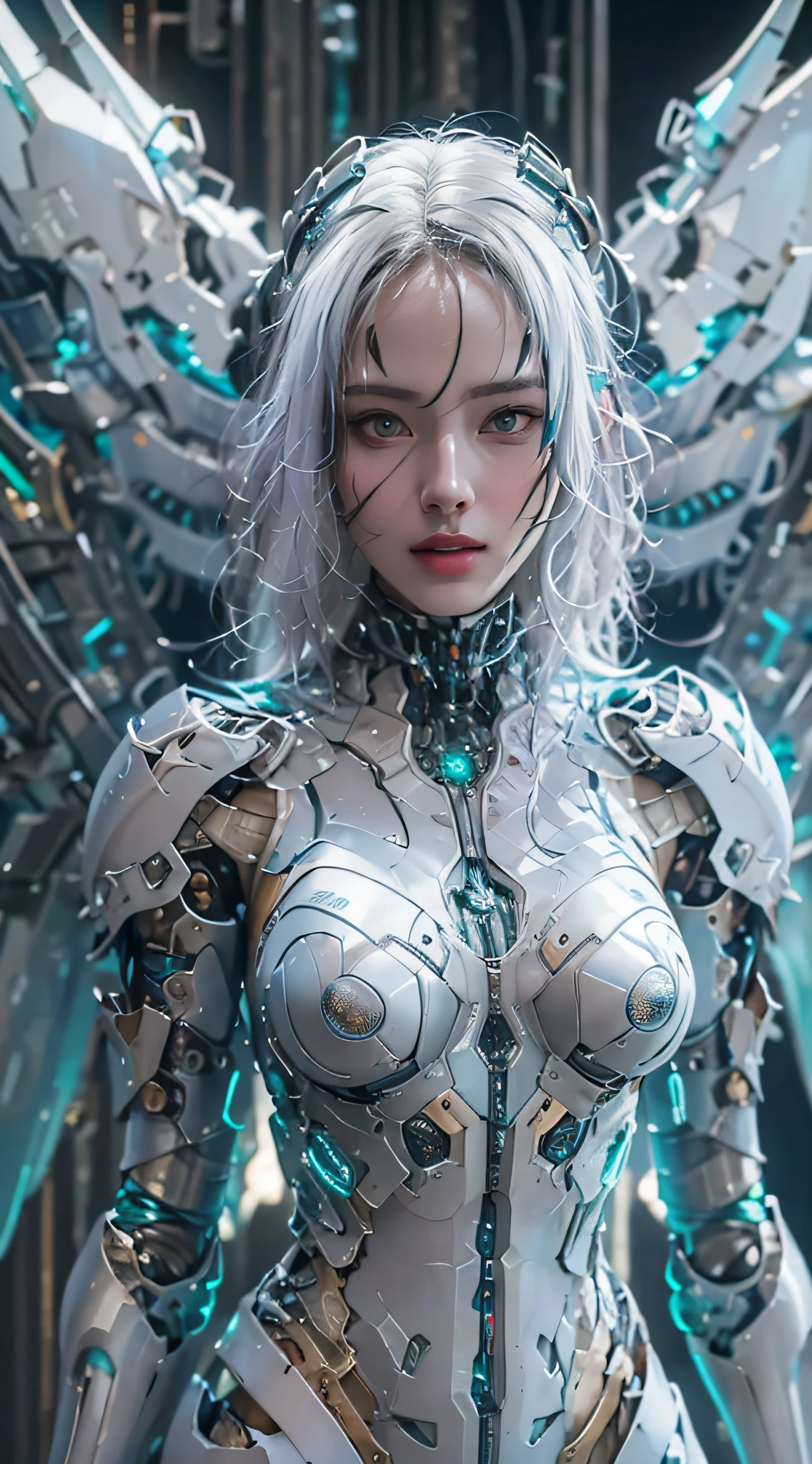 Top  Quality、​masterpiece、超High Resolution A、(Photorealcitic:1.4)、Raw foto、Cyborg Angel、Large wings made of metal、White porcelain body、white haired、wlop glossy skin、1 Cyborg Girl、((ultra-realistic detail))、portlate、Global Illumination、shadowy、octan render、8K、UltraSharp、Character edge light, huge、Raw skin is exposed to the valley、Detail of Intricate Ornaments、Transparent transparent part、Detailed hydraulic cylinders from Sumer、Compact LED lamps、highly intricate details、Realistic light、Purple eyes、luminous eyes、Facing the camera、neon details、cowboy shots、Futuristic headgear、About Cyberpunk、Female Elf Cyborg