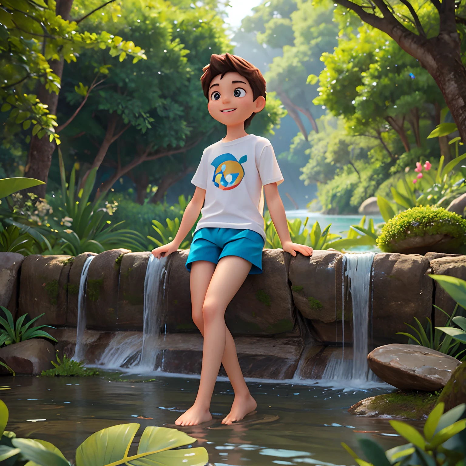 Disney, jovem com cerca de 20 anos de idade, flutuando suavemente em um rio tranquilo e cintilante. He's lying on his back, banhado pela luz suave e dourada do sol poente. Um sorriso sereno ilumina seu rosto, conveying a sense of joy and inner peace. Sua roupa consiste em roupas leves e arejadas, like a soft t-shirt and comfy shorts, and his feet are bare, Submerged in the crystal clear waters of the river. Ao redor dele, Lush vegetation and majestic trees create an environment of lush and magical nature. Colorful butterflies and birds fly gracefully in the air, Adding a touch of magic and charm to the scene. The reflection of the young man in the river creates a sense of serenity and harmony, destacando a beleza de se conectar com a natureza e o mundo ao seu redor