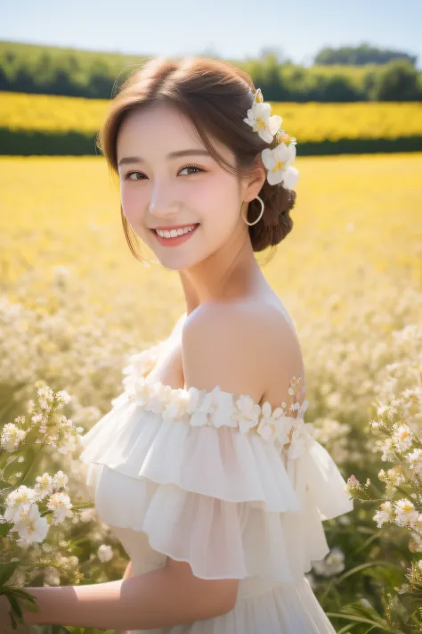 Best quality, masterpiece, ultra high res, (photorealistic:1.4), raw photo, 1girl, white dress, off shoulder, blossom flower fie...