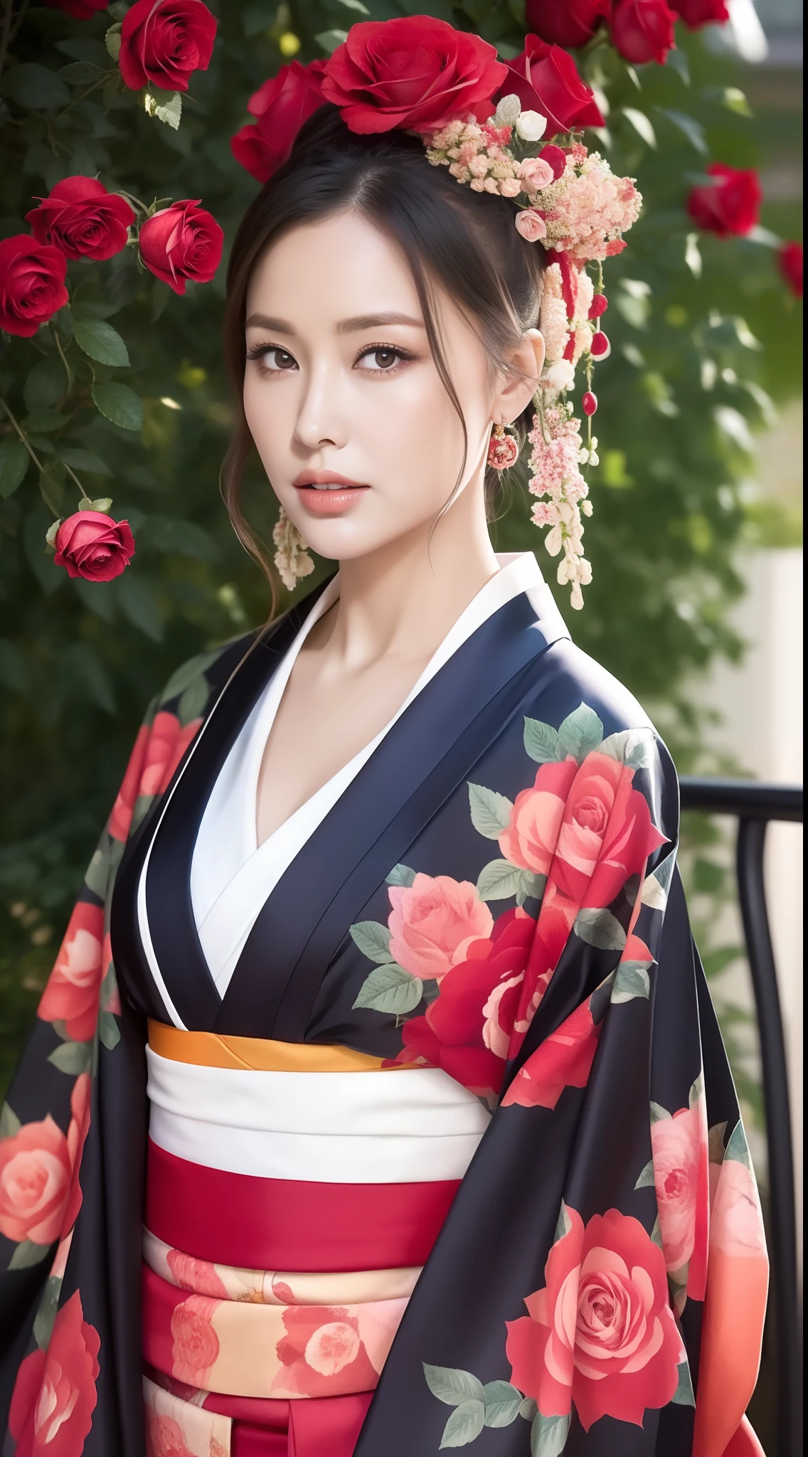 （Kimono made of real roses，lots of roses），Contemporary art，Complex design，top-quality，8K，tmasterpiece：1.3，Clear focus：1.2，Beautiful Women in Perfect Figure：1.4，Highly Detailed Face and Skin Textur，Detailed eyes，cparted lips，fully body photo，