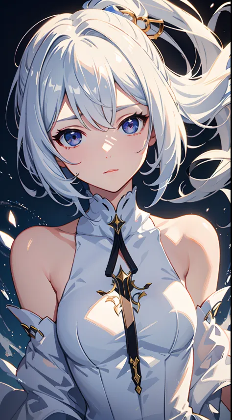 A super cute girl，Designed by GenshinImpact，white color hair，On the hills，Drop particles all over the body，Front lighting，Bright...