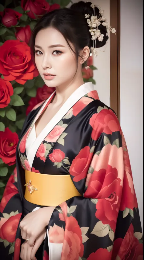 （Kimono made of real roses，lots of roses），Contemporary art，Complex design，top-quality，8K，tmasterpiece：1.3，Clear focus：1.2，Beauti...