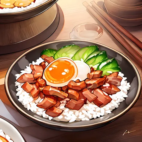 A bowl of bacon sausage rice，Egg，Verdure，（（tmasterpiece）），illustration，high detal，softlighting，delicacy，Bright colors，aestheticly pleasing，Studio lighting，Fashion trends