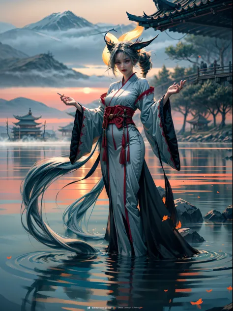 a beautiful and ethereal fox spirit dressed in a flowing white chinese robe. the image captures the fox spirit standing graceful...