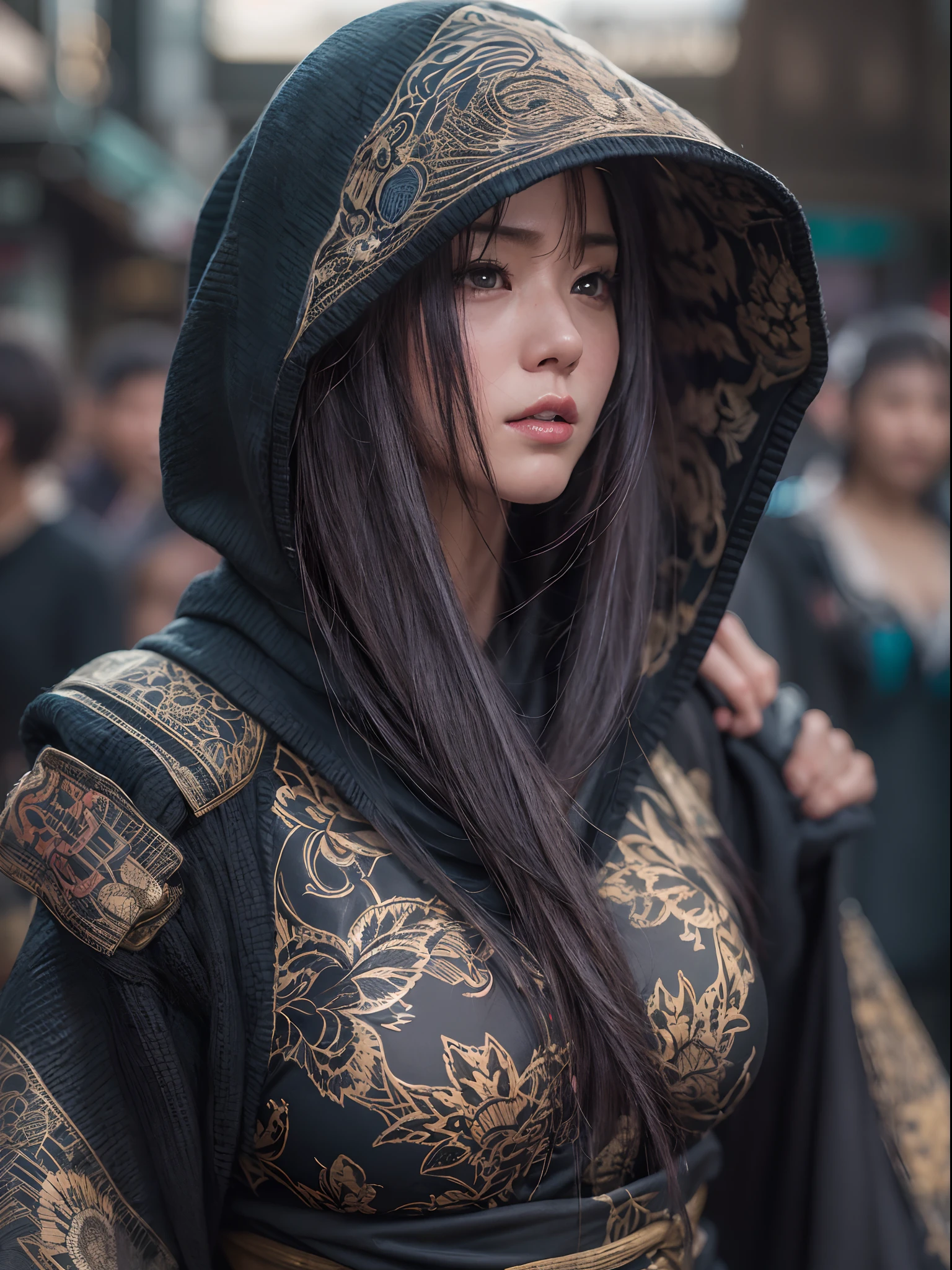 (photo realistic:1.4), (hyper realistic:1.4), (realistic:1.3),(increase cinematic lighting quality:0.9),Elaborate female ninja,fringe hair,huge butt,Elaborate patterns ninja mask,Elaborate patterns Ninja cape,Elaborate patterns Ninja hood,fake fingernail,Slingshot swimsuit,(twilight:1.2),japanes City of the period drama,Crowds