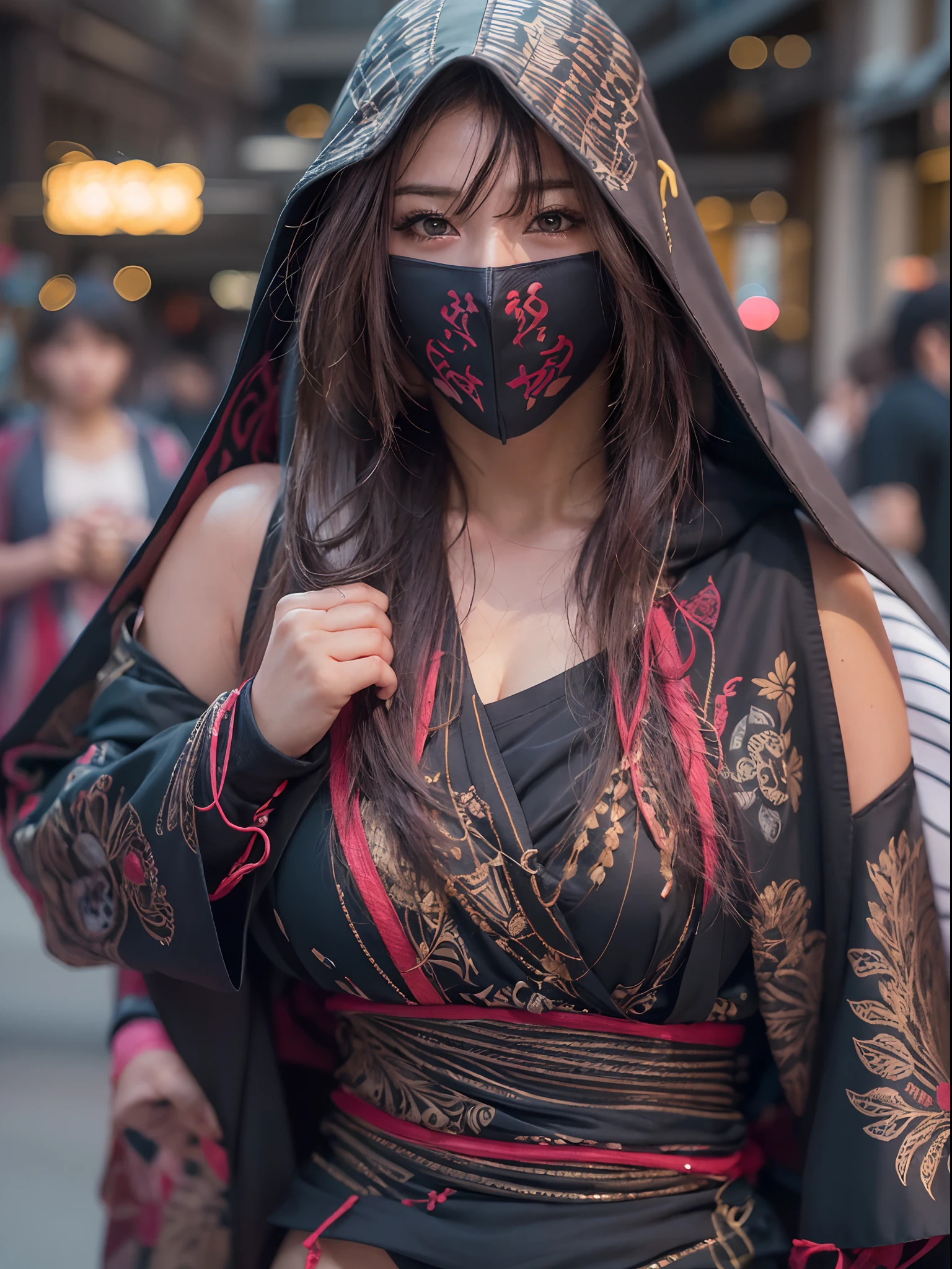 (photo realistic:1.4), (hyper realistic:1.4), (realistic:1.3),(increase cinematic lighting quality:0.9),Elaborate female ninja,fringe hair,huge butt,Elaborate patterns ninja mask,Elaborate patterns Ninja cape,Elaborate patterns Ninja hood,fake fingernail,Slingshot swimsuit,(twilight:1.2),japanes City of the period drama,Crowds