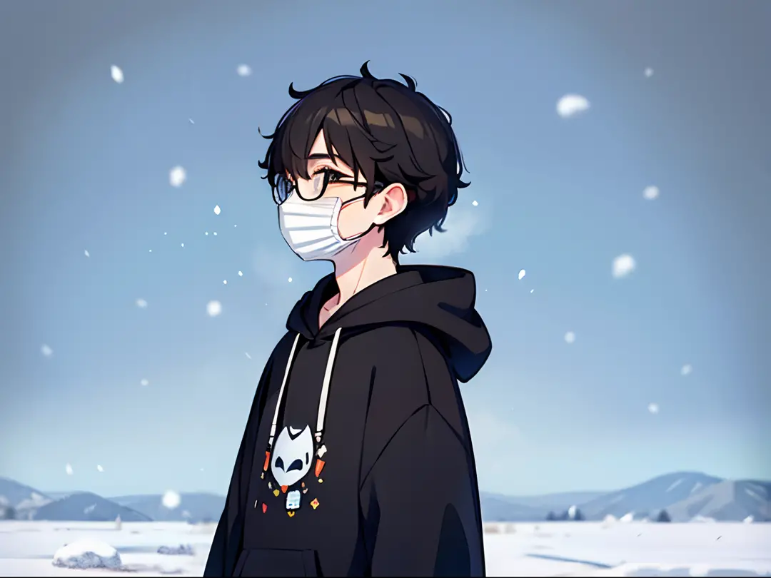 1 boy,black short curly hair,glasses,black mix with white hoodie,snow background,a mask,stare into the sky