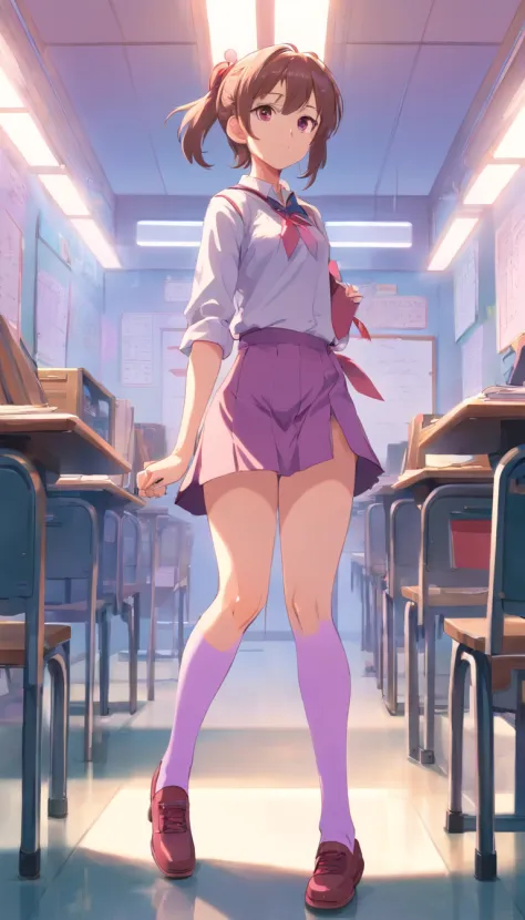 best qualtiy， tmasterpiece， 超高分辨率， realisticlying， 1 girl，Pink double ponytail，Heterochromic pupils，Long legs，（JK），Tall and tall，Light purple tube stockings，Light-colored plate shoes，‎Classroom，wide angles