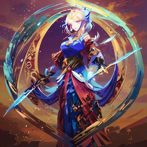 uma mulher em um vestido azul segurando uma espada e um escudo, cushart krenz arte chave feminina, estilo shadowverse, trending ...