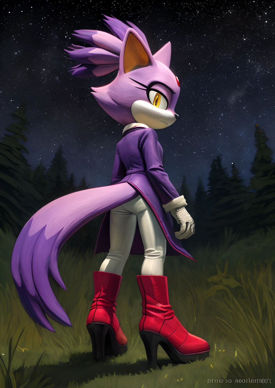 [Blaze the cat], [Uploaded to e621.net; (Pixelsketcher), (wamudraws), (napalm_express)], ((masterpiece)), ((HD)), ((High Quality)), ((furry)), ((solo portrait)), ((back view)), ((full body)), ((detailed fur)), ((detailed shading)), ((cel shading)), ((beautiful render art)), ((intricate details)), {anthro, (slim figure), purple fur, black nose, cat ears, (cute yellow eyes), (red gem on forehead), long tail, (tied-up hair), (gorgeous hips), (beautiful legs), (expressionless), (frown)}, {(purple trench coat), (tight white spandex leggings), (white fluff-lined gloves), (red-pink fluff-lined boots), (heels)}, {(on grass), (standing), (arms at side), (looking back)}, [background; (forest), (spruce trees), (nighttime), (starry sky), (ambient lighting)]